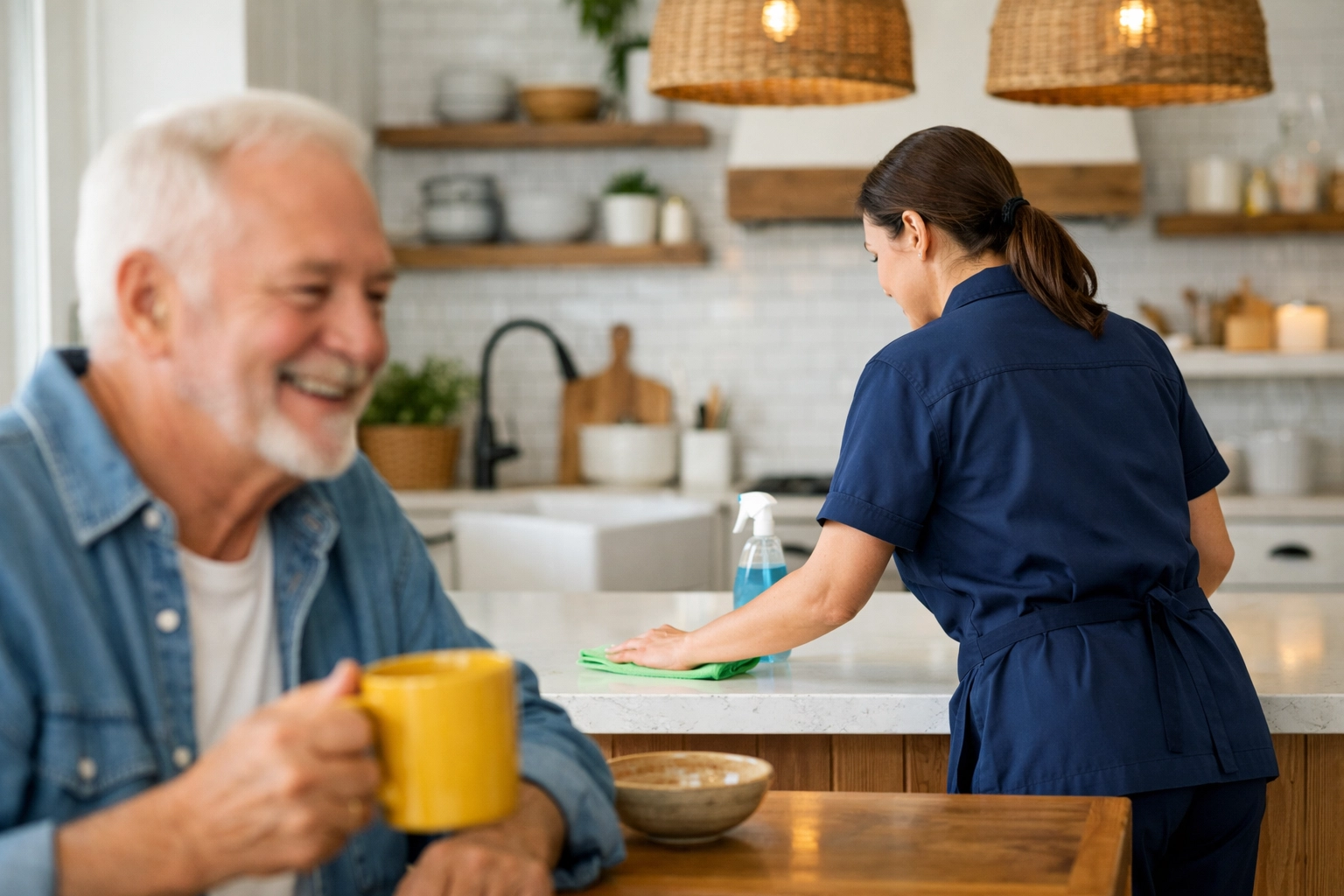 Professional kitchen cleaning in Lancaster while a senior resident relaxes in a clean home.