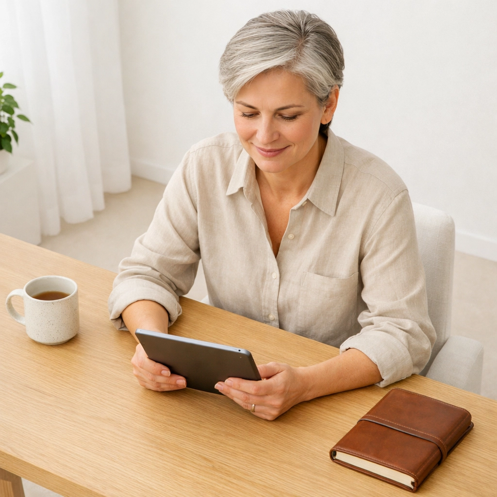 Successful entrepreneur reviewing a high-value business offer on a tablet in a clean office.