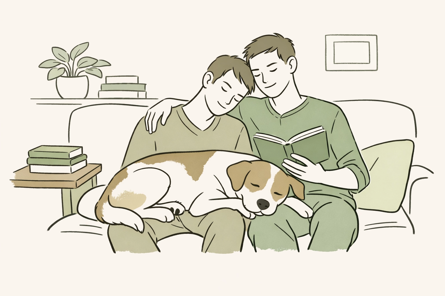 Gay couple relaxing at home with their rescue dog, reading together in peaceful companionship