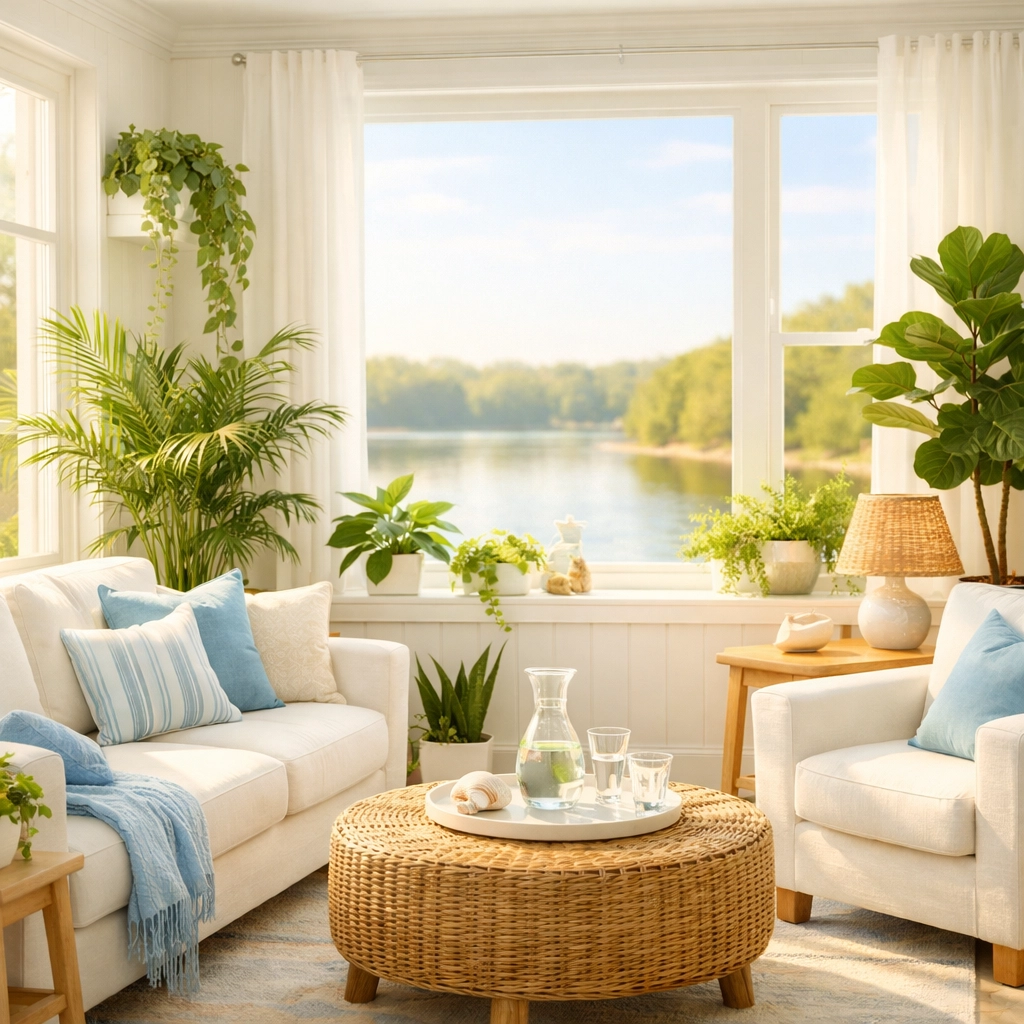 Fresh living area highlighting eco-friendly green cleaning services Lowell MA near the Merrimack River.