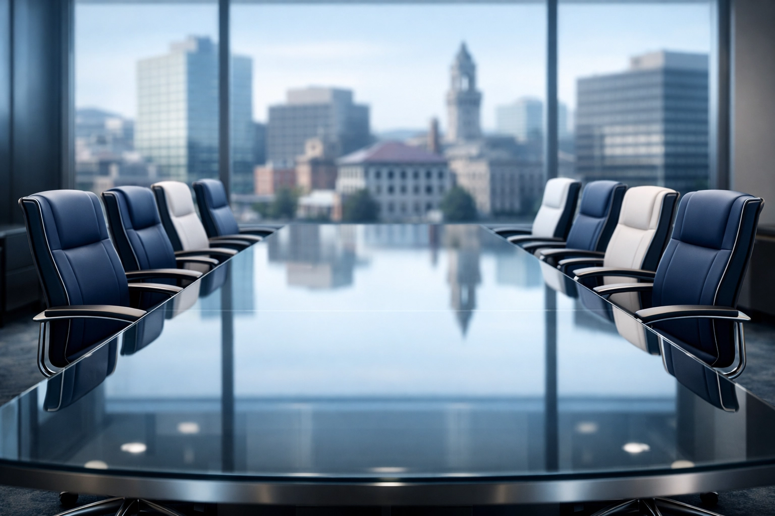 Polished conference table in a modern corporate suite showcasing professional office cleaning Worcester.