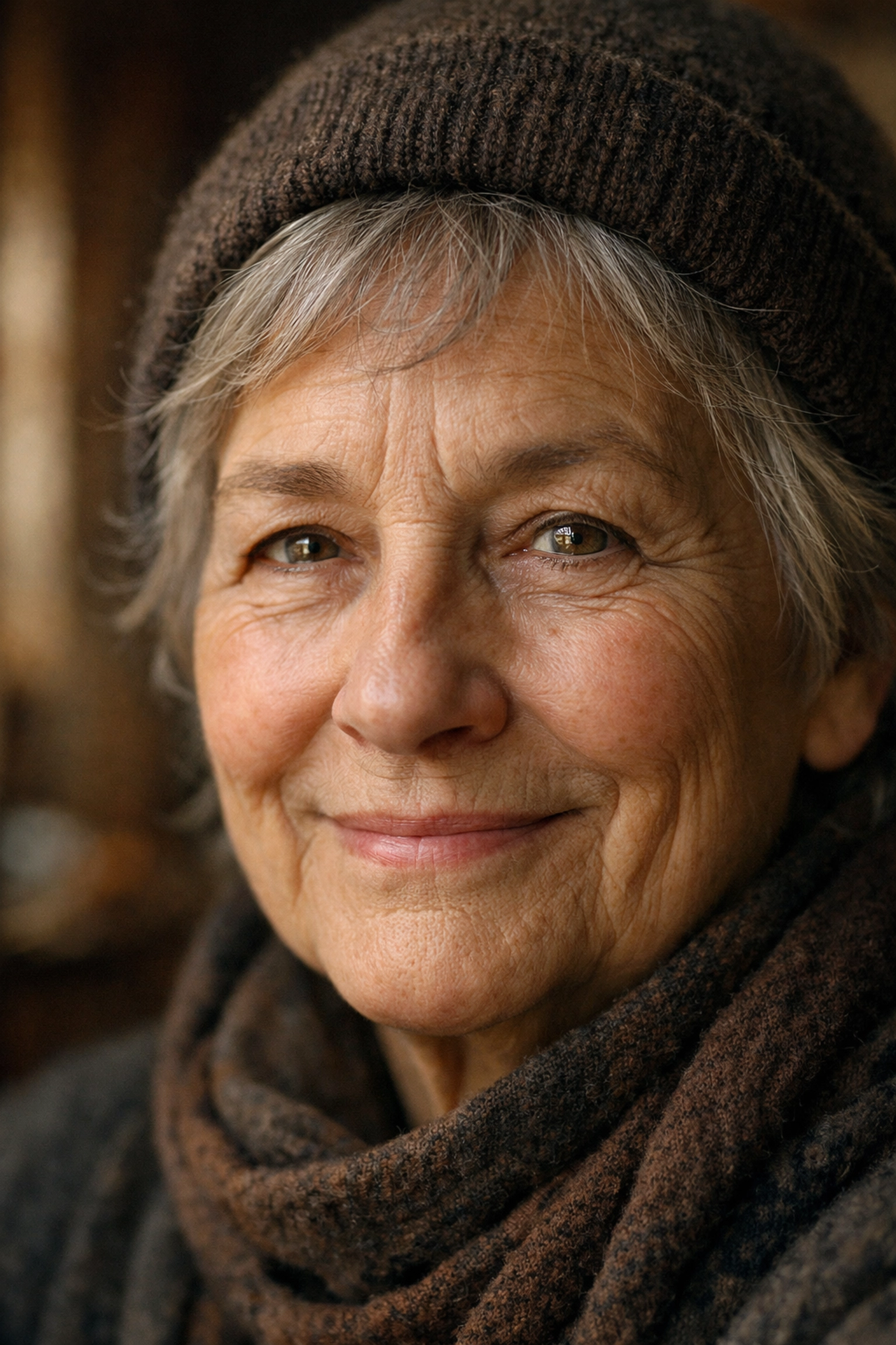 Close-up of a smiling senior showing natural skin texture and catchlights using expert portrait photography techniques.