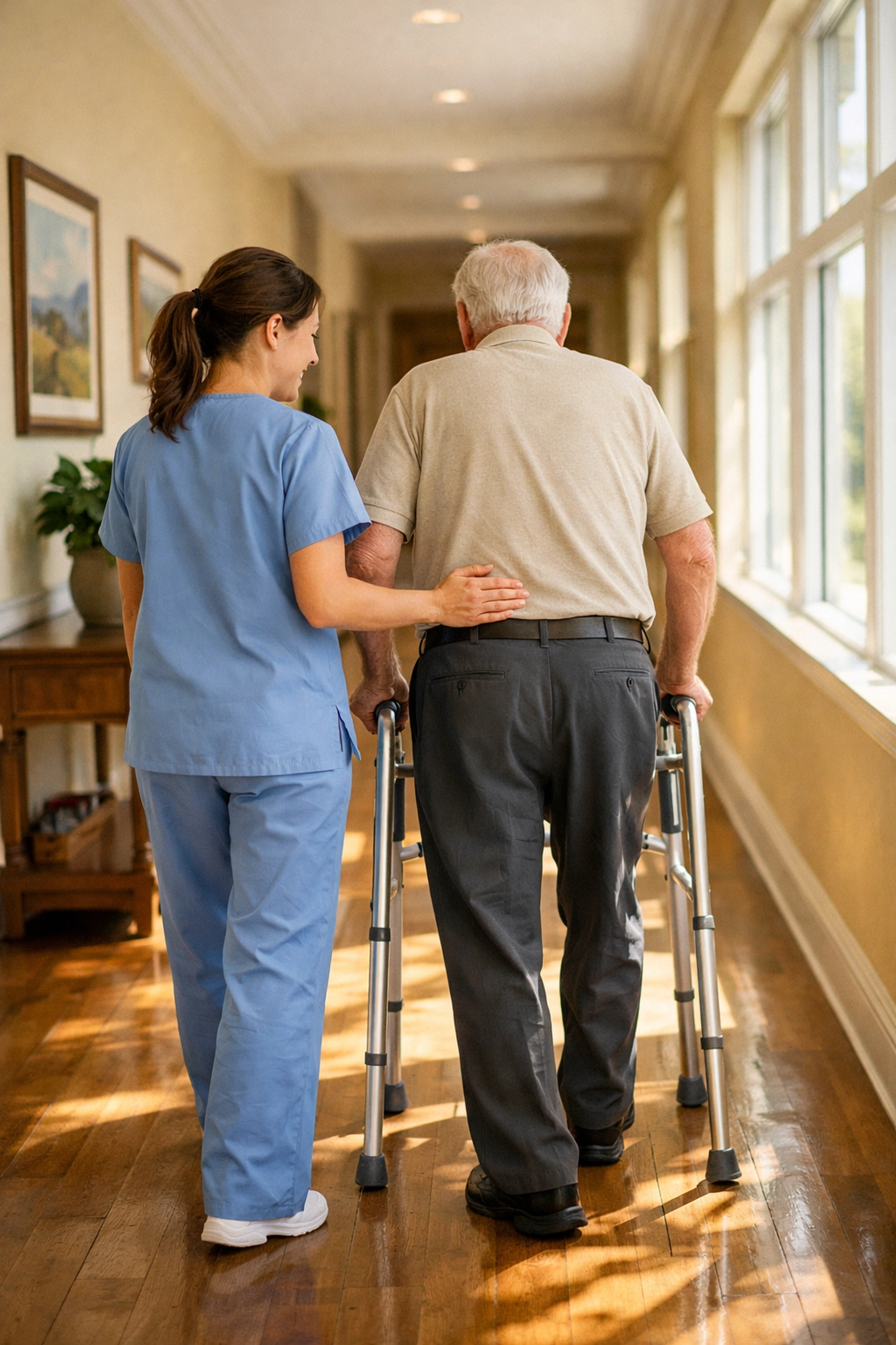Healthcare assistant supporting elderly man with walking frame for safe mobility at home