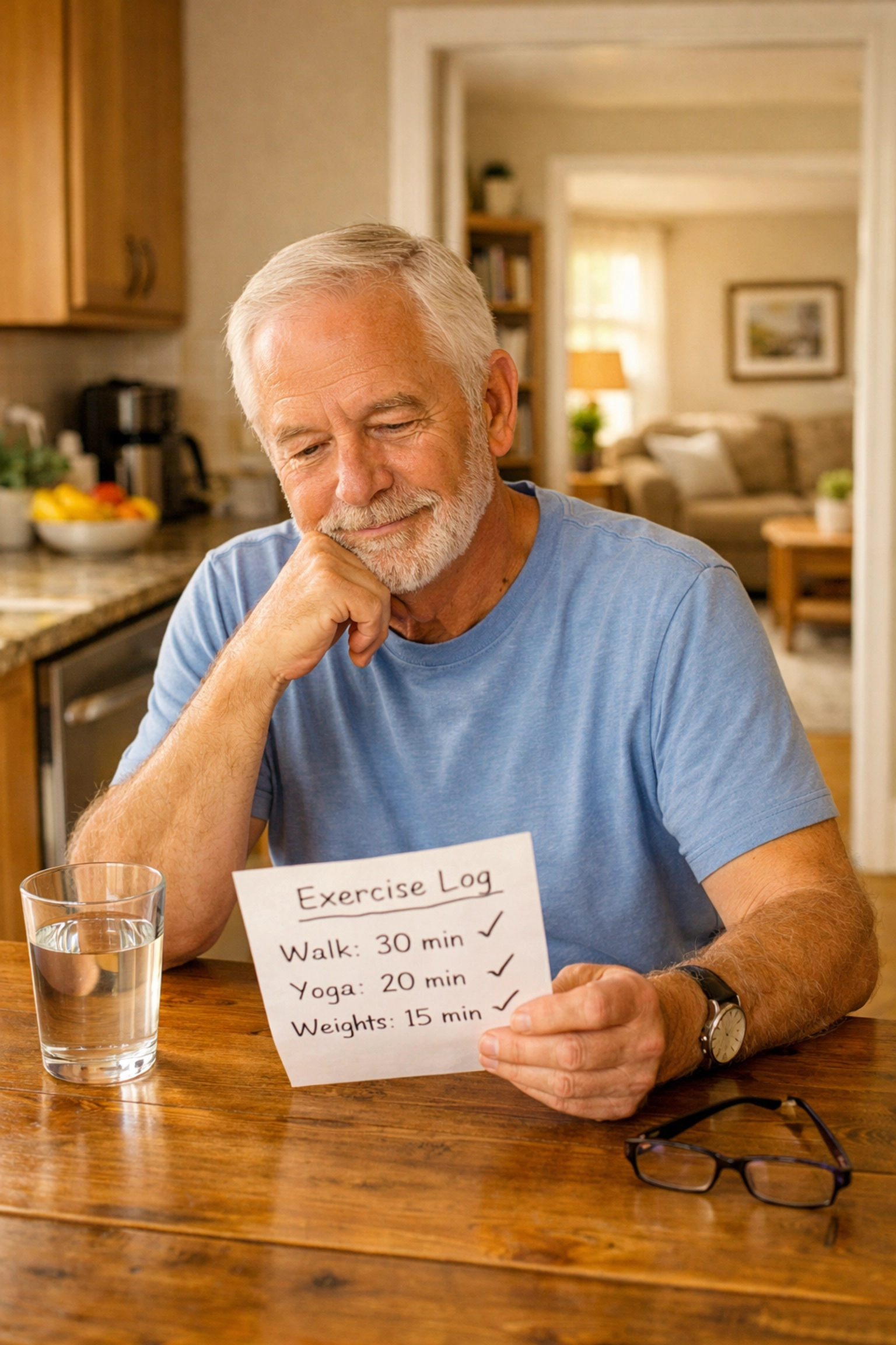 Senior man tracking his daily fall prevention exercise routine in a handwritten log at home.