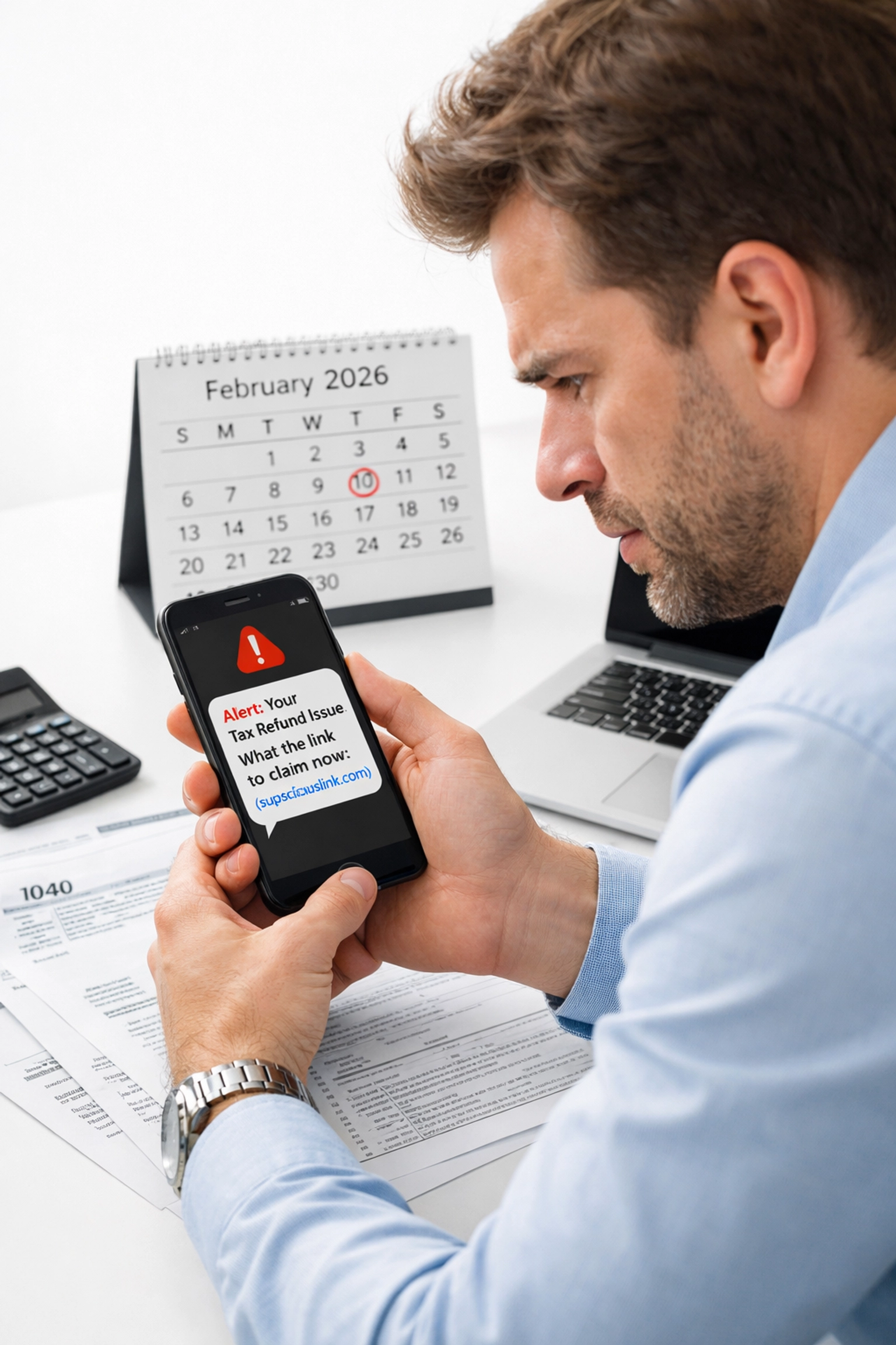 Person reviewing tax documents with concerned expression while receiving suspicious urgent tax message on smartphone