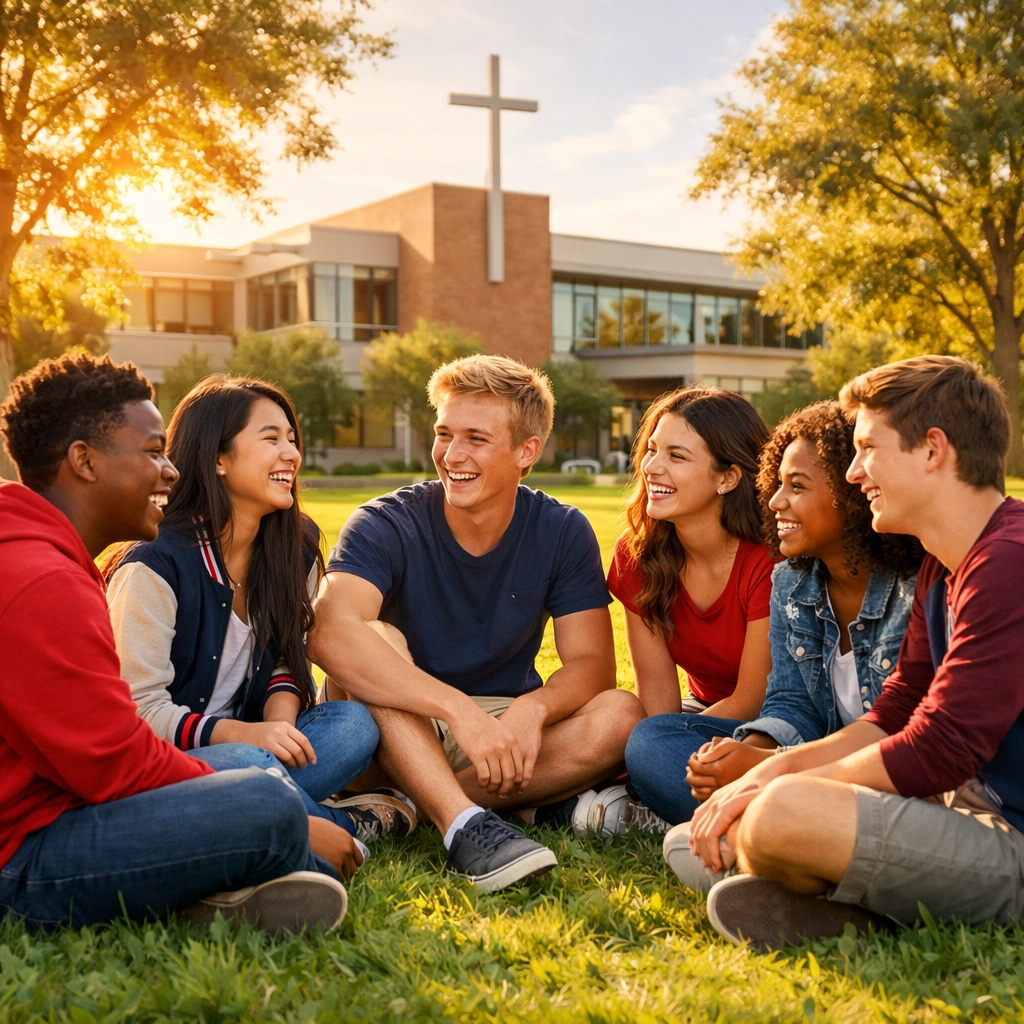 Teenagers connecting face-to-face at Christian school campus without phones