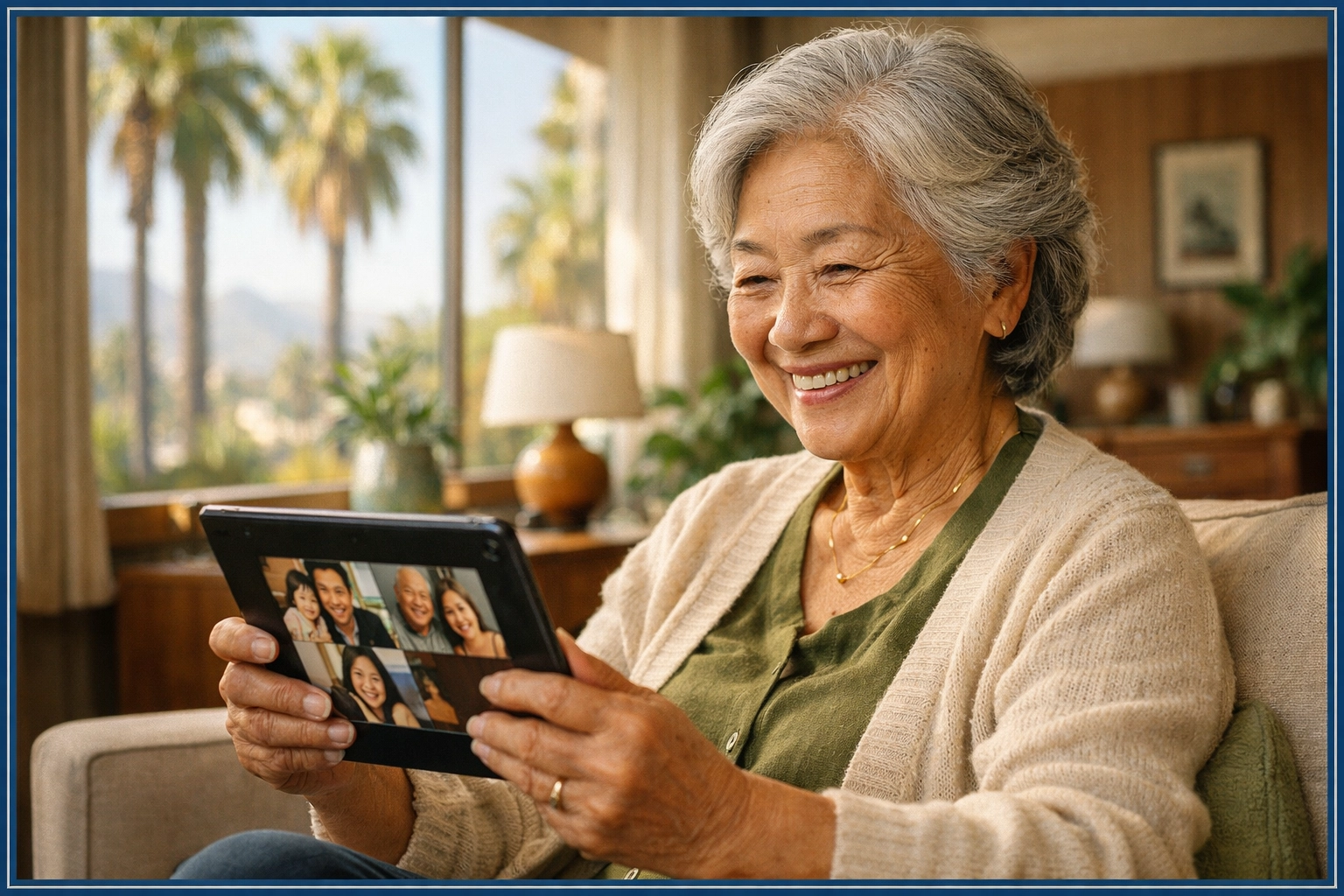 Senior woman safely aging in place in her Los Angeles home while video chatting with family Senior woman safely aging in place in her Los Angeles home while video chatting with family