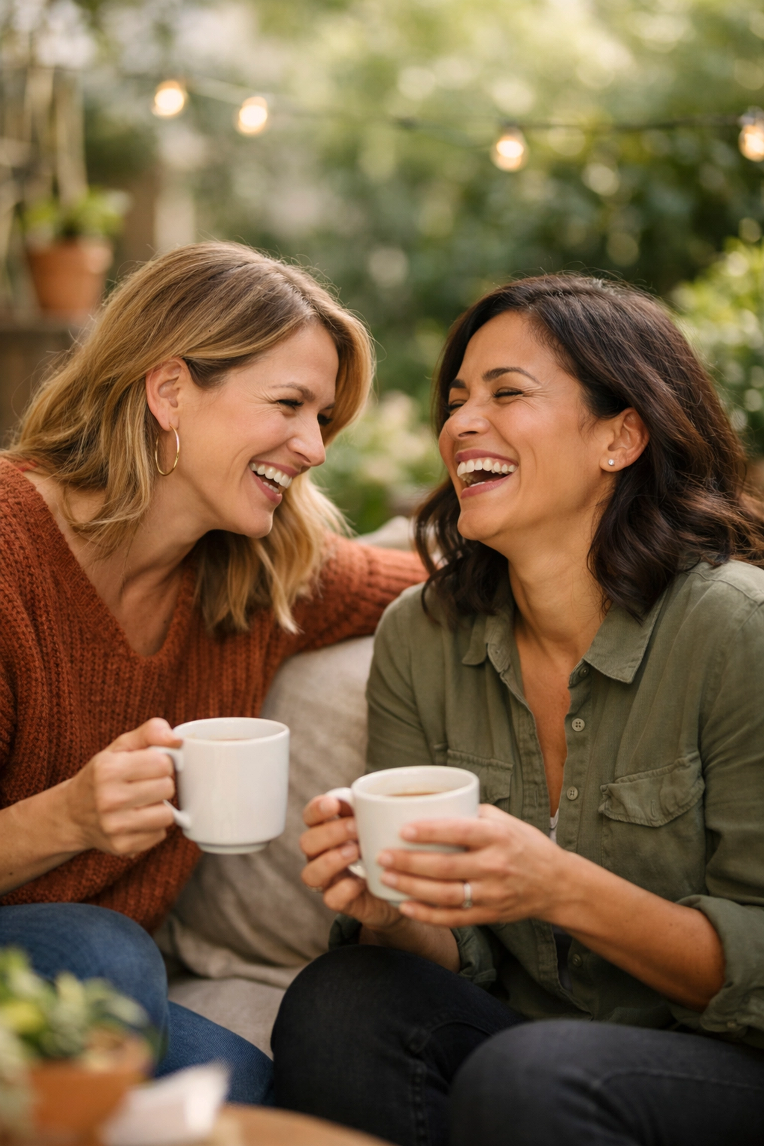 Two friends chatting on a sunny patio about the benefits of a wellness membership for their families.