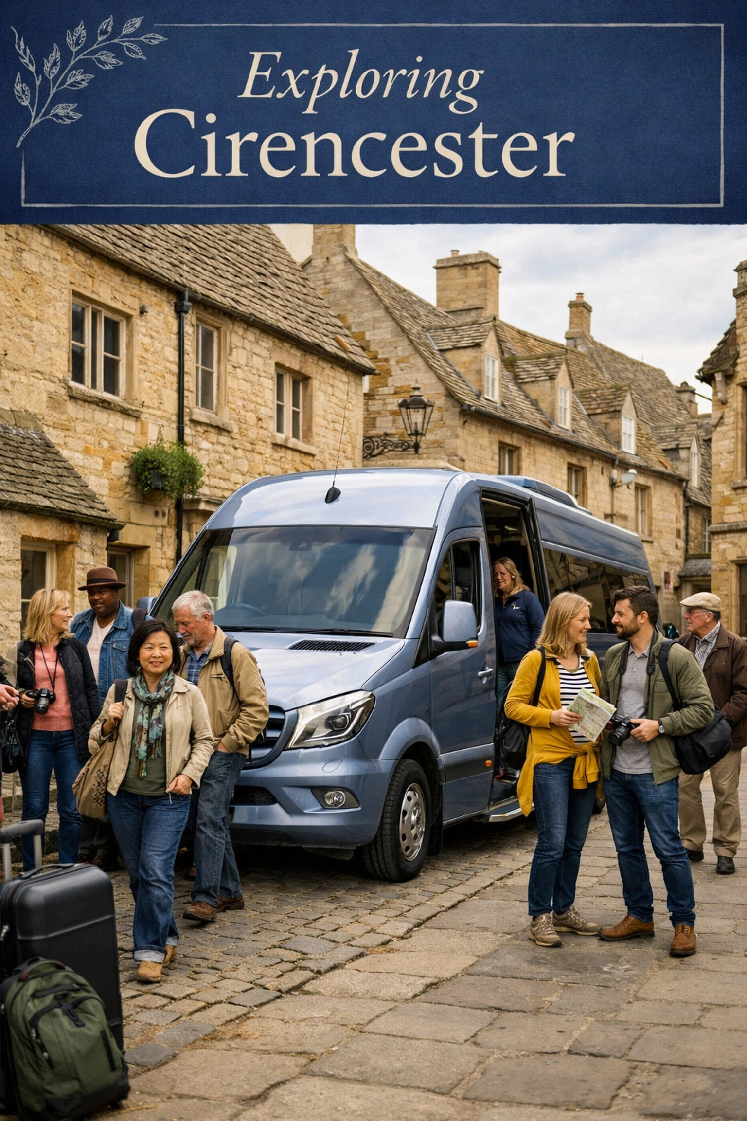 Shakespeare Coaches silver blue Mercedes minibus parked on a historic street for a small group Cotswolds tour.