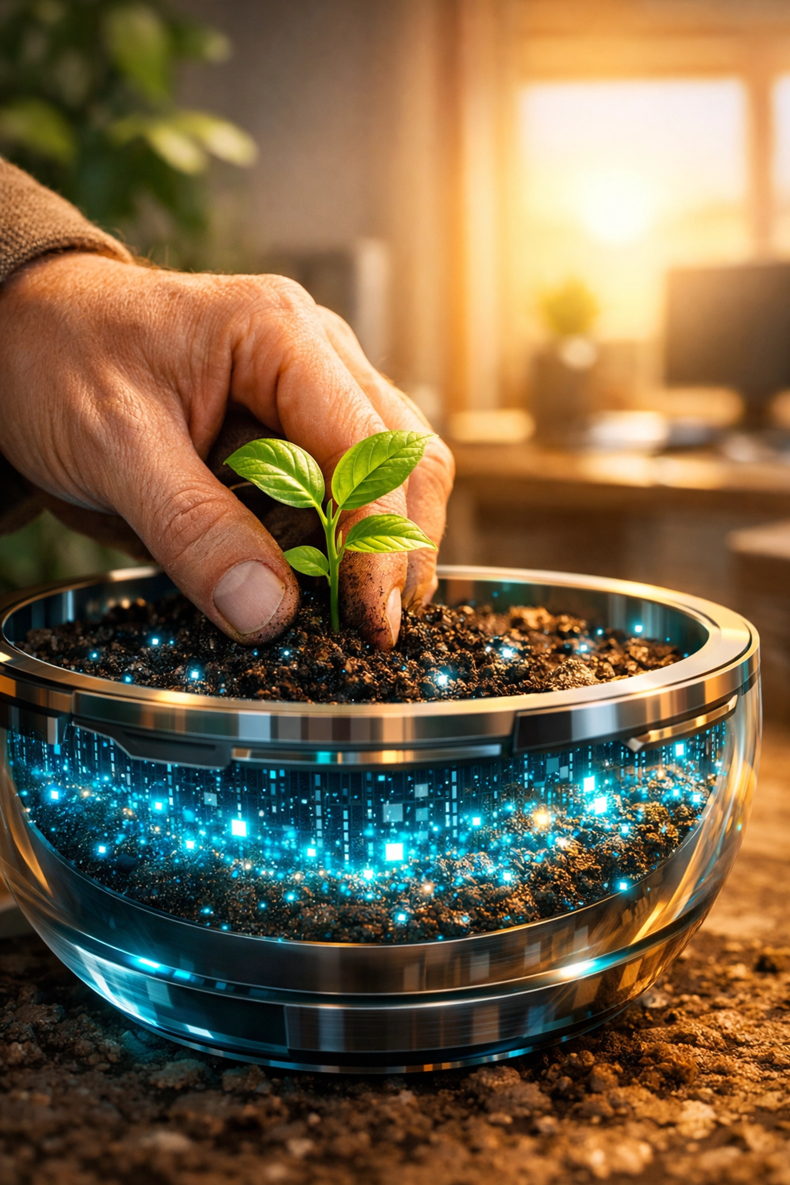 A hand planting a sapling in digital soil representing small business global ad growth.