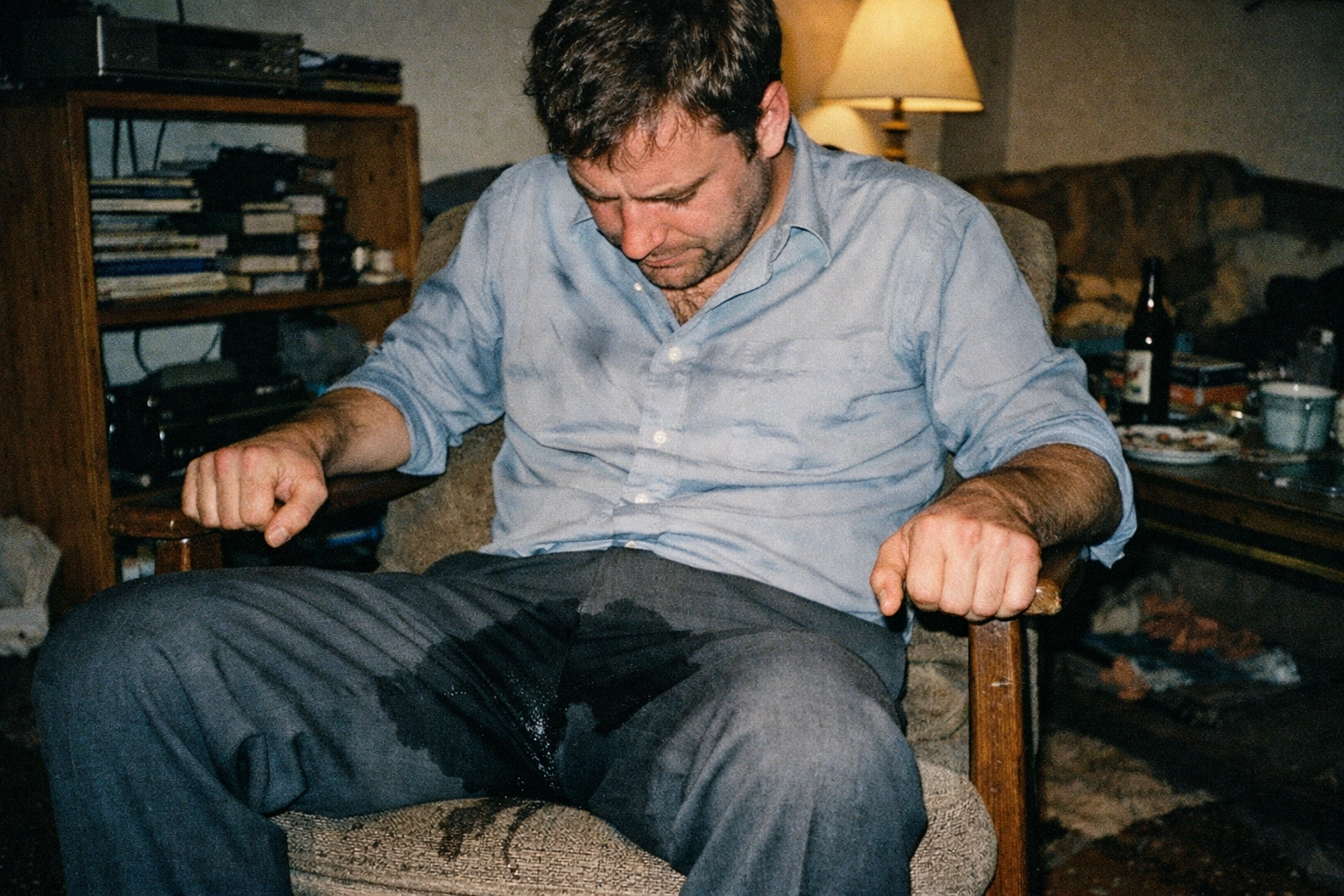 A man in a sharp business suit with a visible wet patch on his trousers — documentary-style, raw, and unpolished.