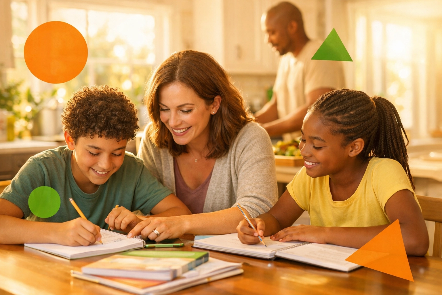 Parent helping children with homework at kitchen table showing traditional parenting approach