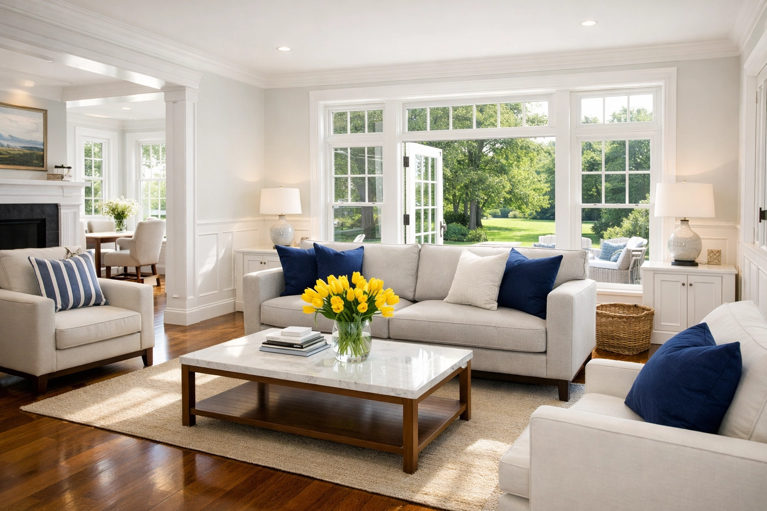 A spotless, sunlit living room in a Leominster home after a professional house cleaning service.