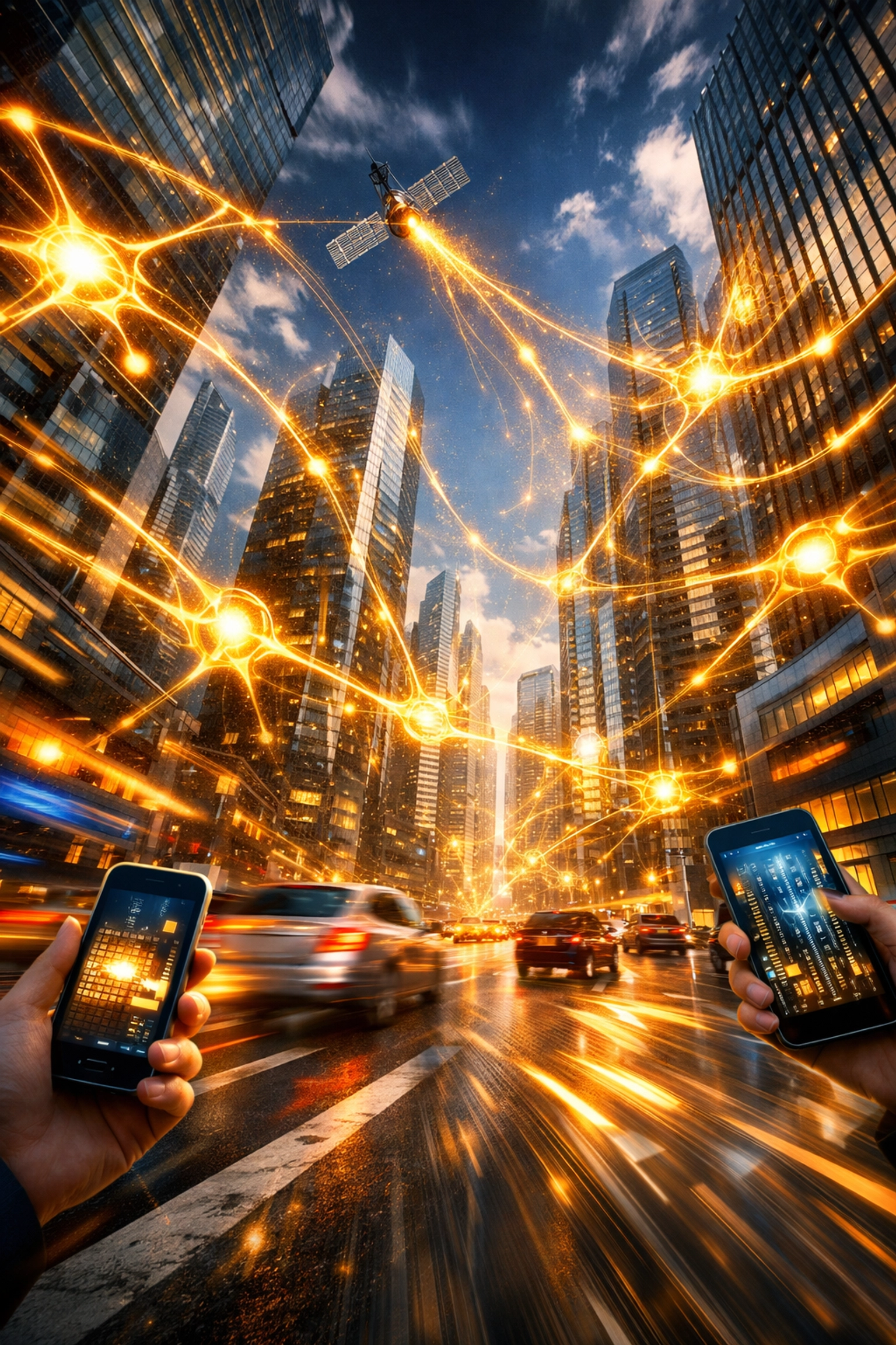 Digital neural network overlaying a city skyline, illustrating agentic AI and real-time data processing.