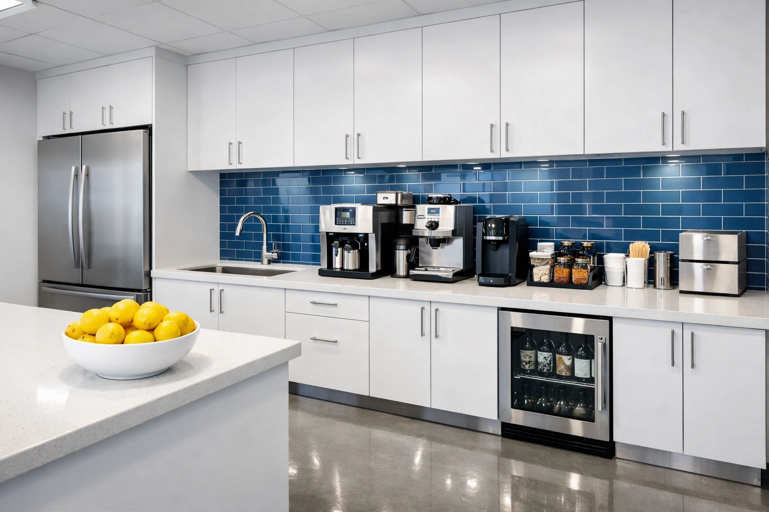 A sanitized and organized corporate kitchenette and breakroom maintained by professional commercial cleaning Boxborough.