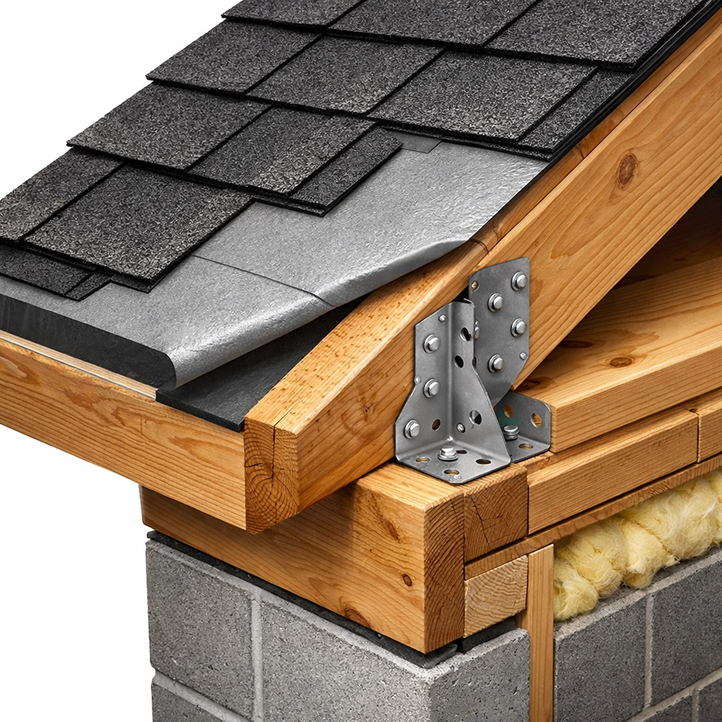 Roof structural cutaway showing hurricane ties and water barrier required by 2026 Florida Building Code.