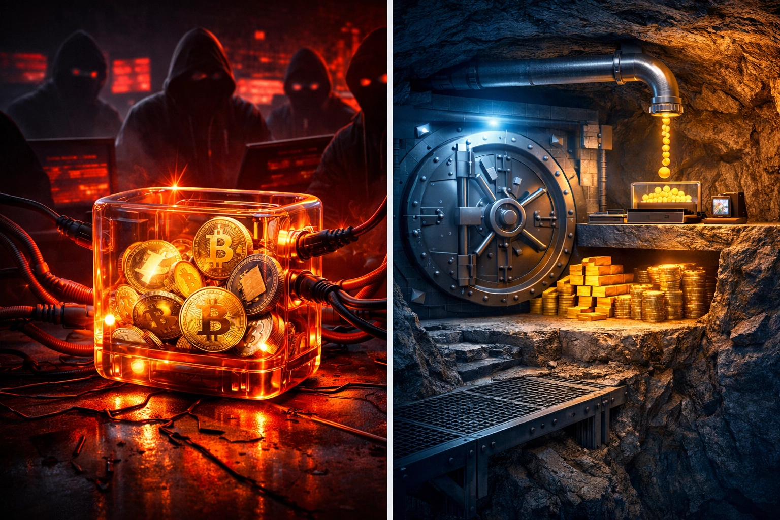 Hot wallet vs cold storage security comparison showing vulnerability and protection