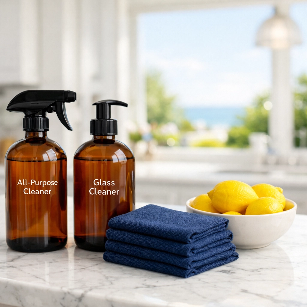 Eco-friendly luxury house cleaning in Marblehead showing non-toxic products in a modern kitchen.