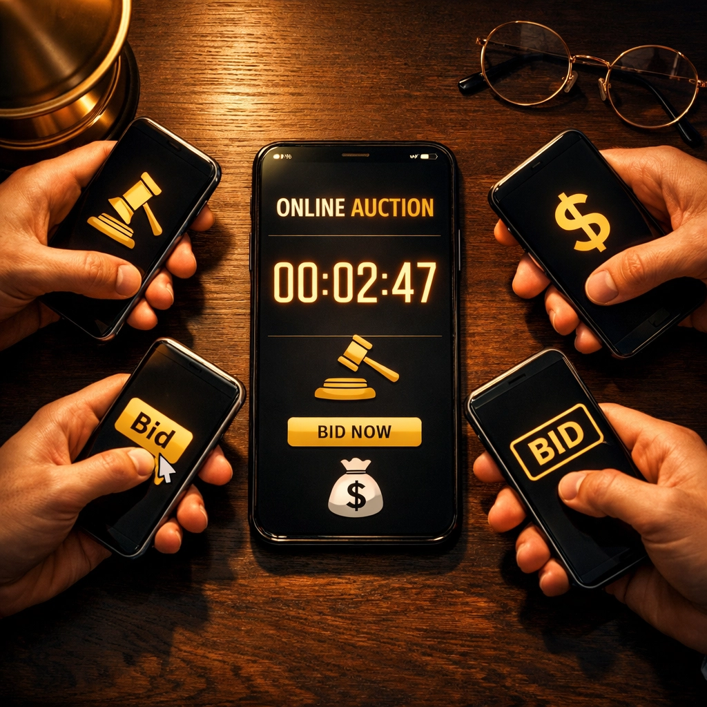 Multiple bidders on phones competing in last-minute online auction with countdown timer