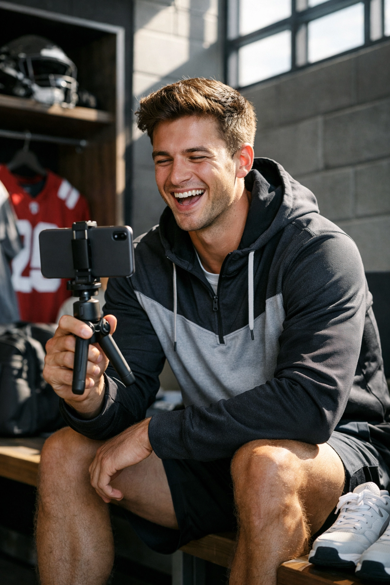 Collegiate athlete creating authentic NIL content for a brand campaign in a contemporary sports locker room.