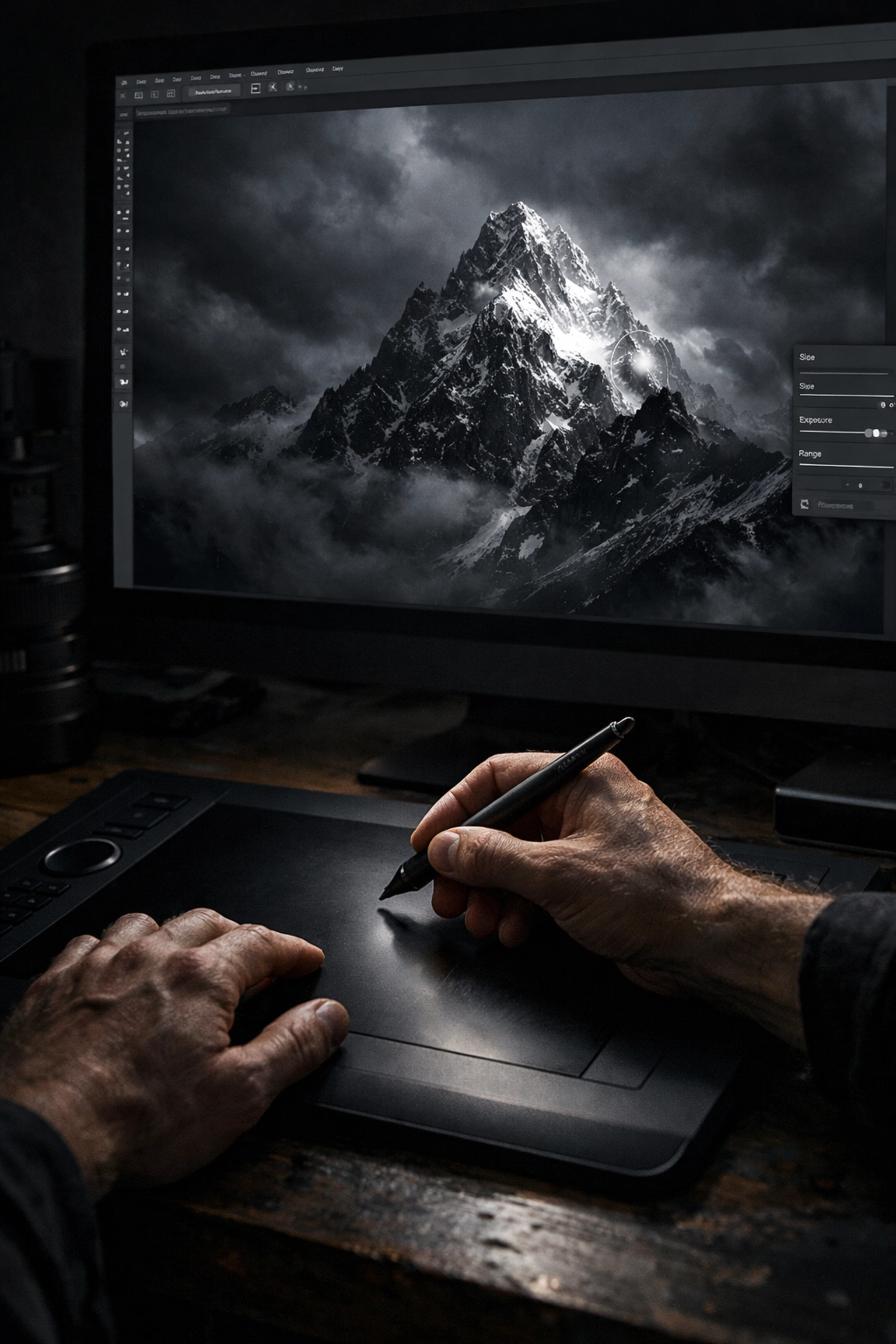 Photographer using a tablet for local adjustments in the ultimate guide to photo editing.