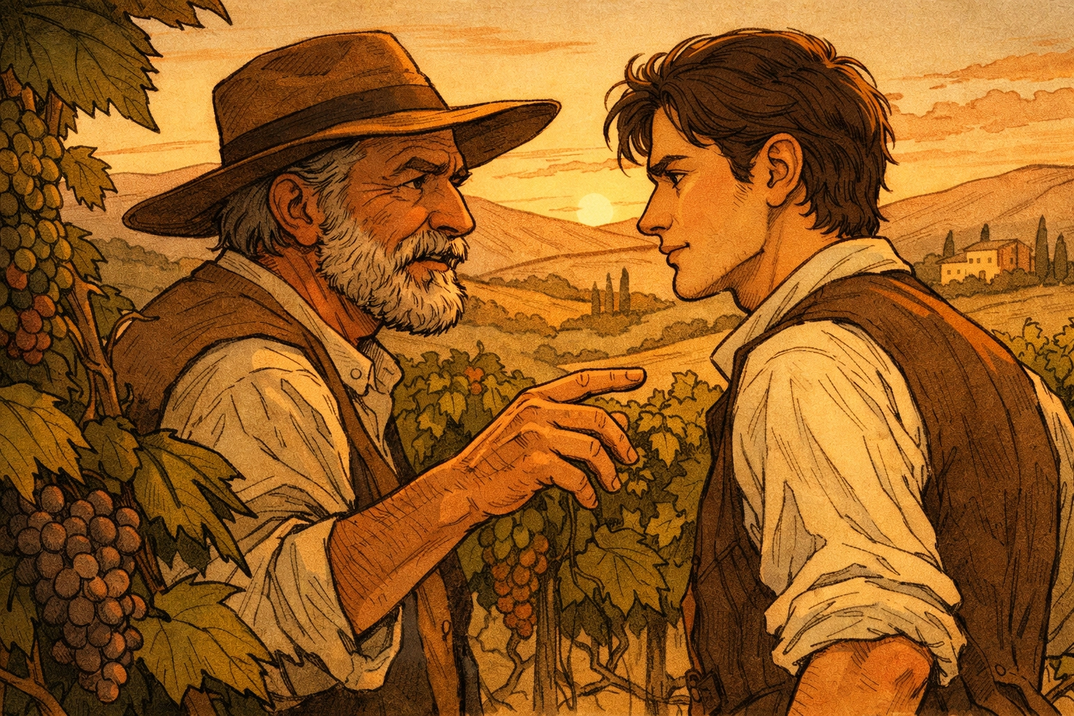Older vineyard owner and young laborer in 1870s Tuscan vineyard MM historical romance