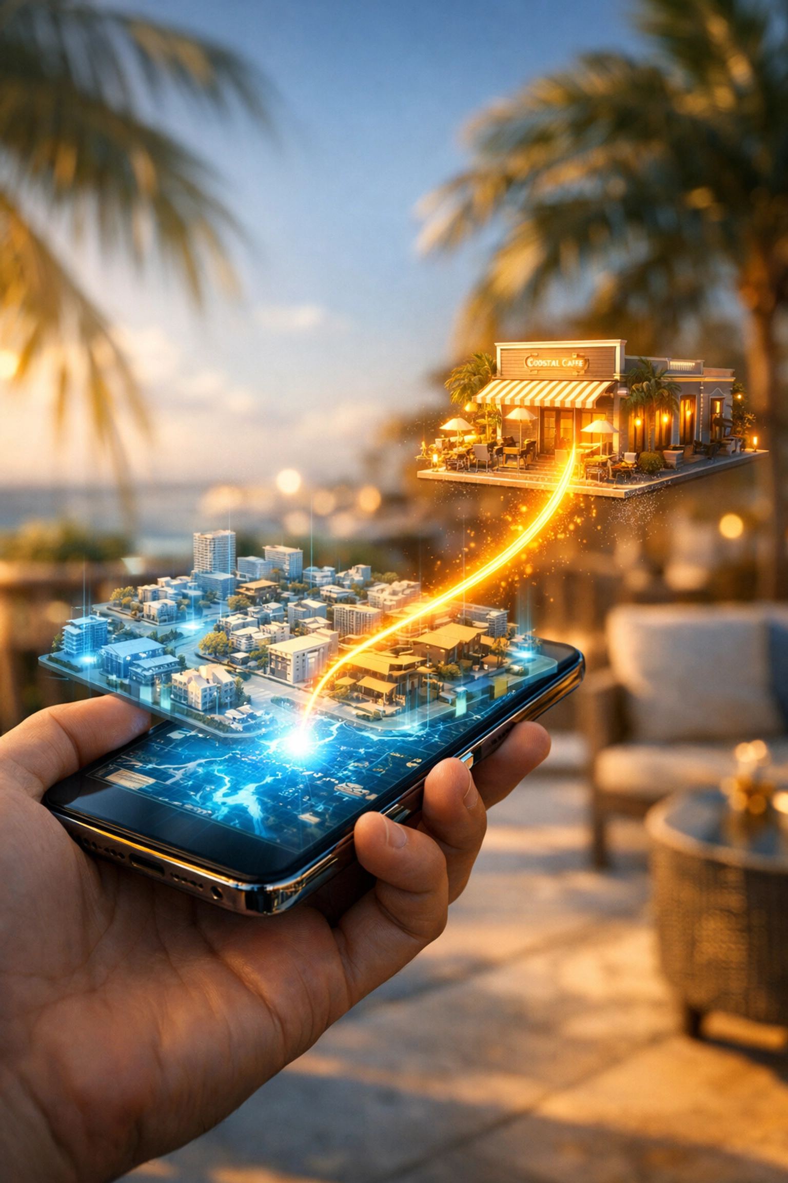 Sarasota customer using a smartphone to find a local business through AI-powered search recommendations.