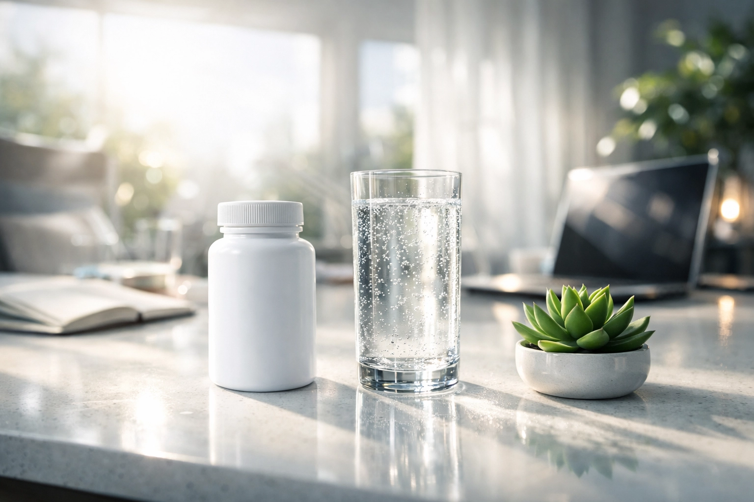 Clean wellness space with a supplement bottle, symbolizing a successful MK-677 routine for physical optimization.