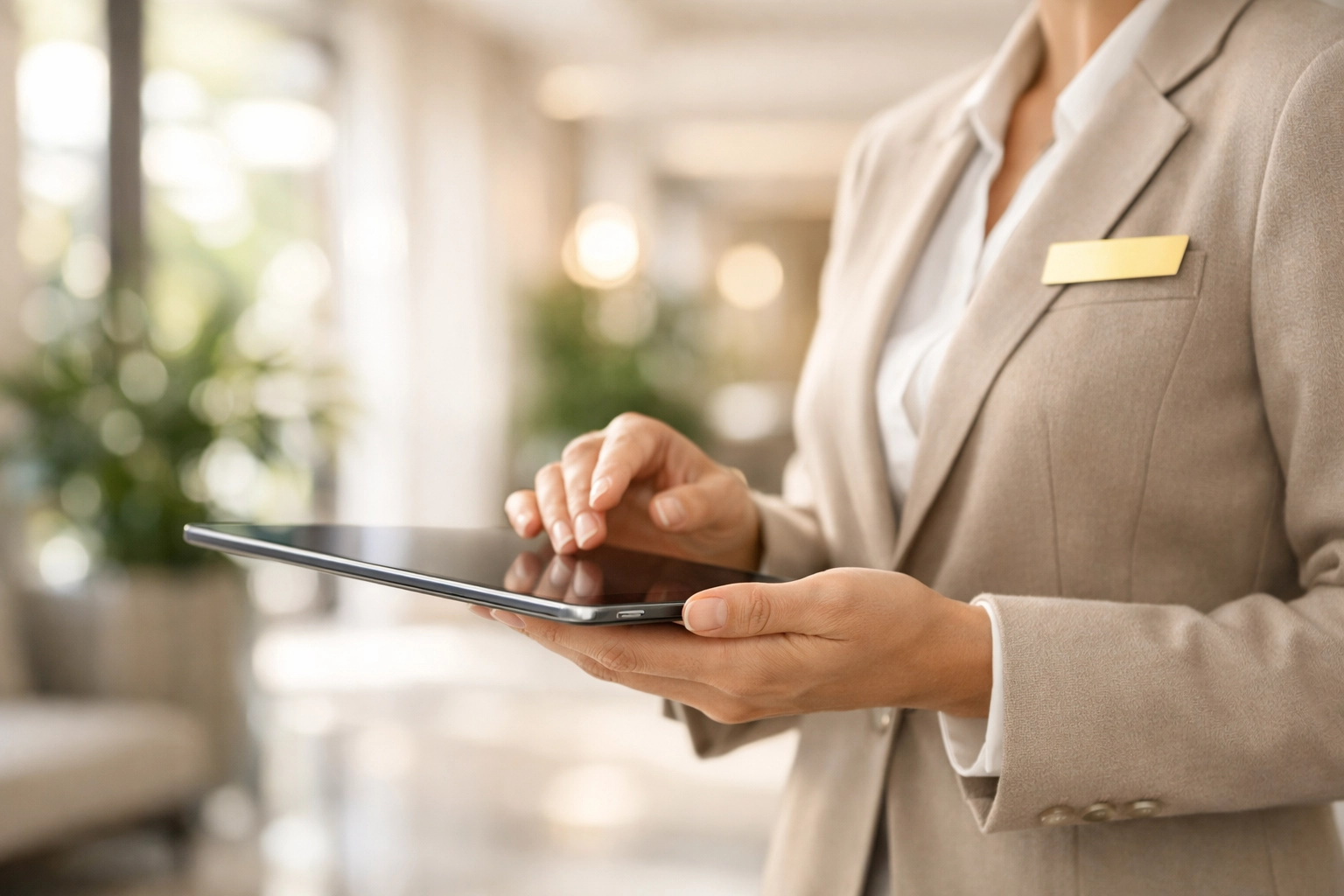 Hotel staff using a mobile tablet to manage integrated guest-facing tools in a modern lobby.