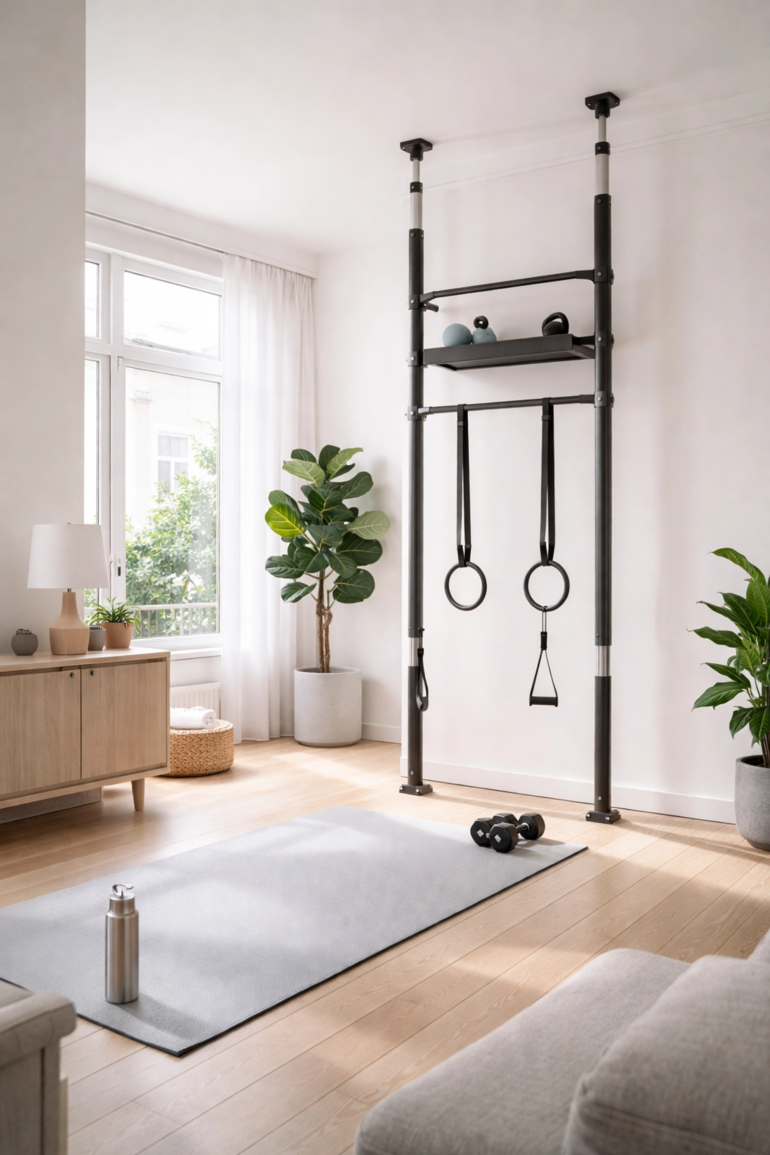 Modern minimalist home gym setup with floor-to-ceiling fitness system and gymnastic rings in bright living room