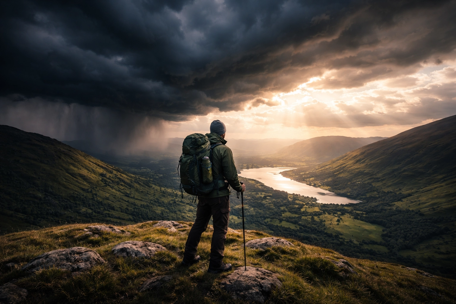Camper on Lake District hilltop watching dramatic weather, stressing UK camping weather preparation.