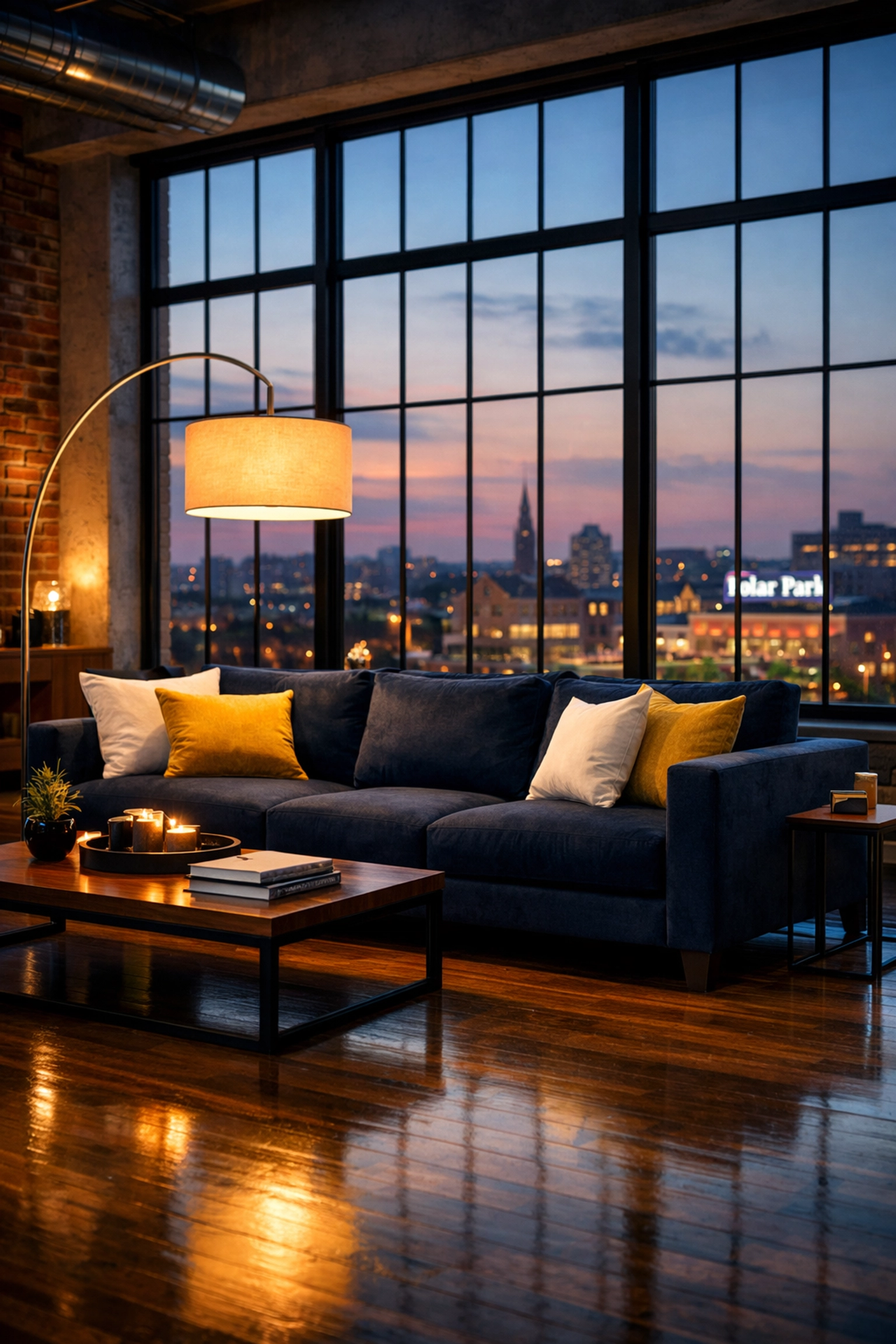 A spotless modern loft in Worcester MA featuring polished floors and a city view near Polar Park.