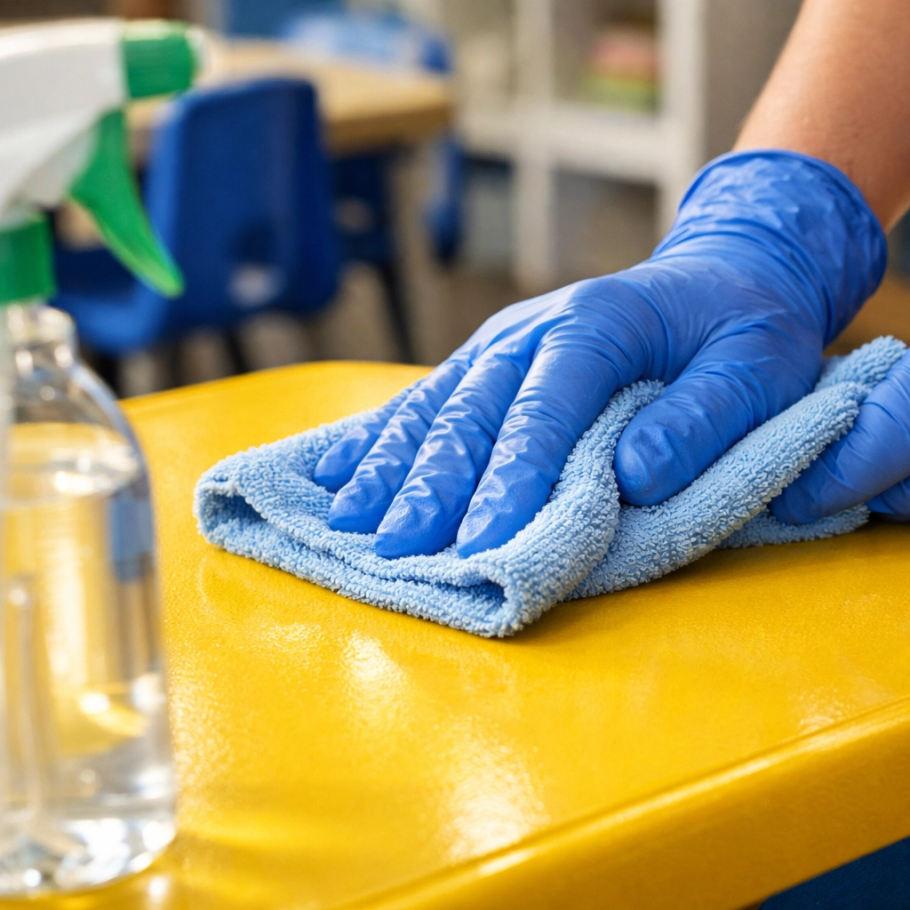 Sanitizing a yellow daycare activity table with non-toxic eco-friendly products and professional cleaning tools.