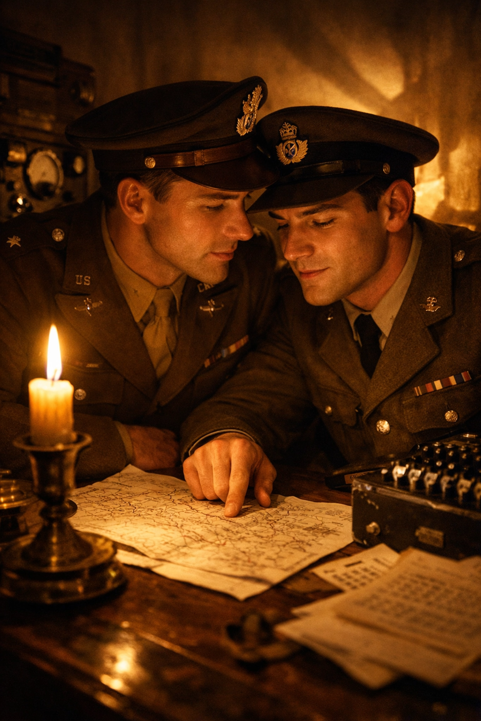 Gay OSS spies studying intelligence maps together in secret 1940s wartime hideout