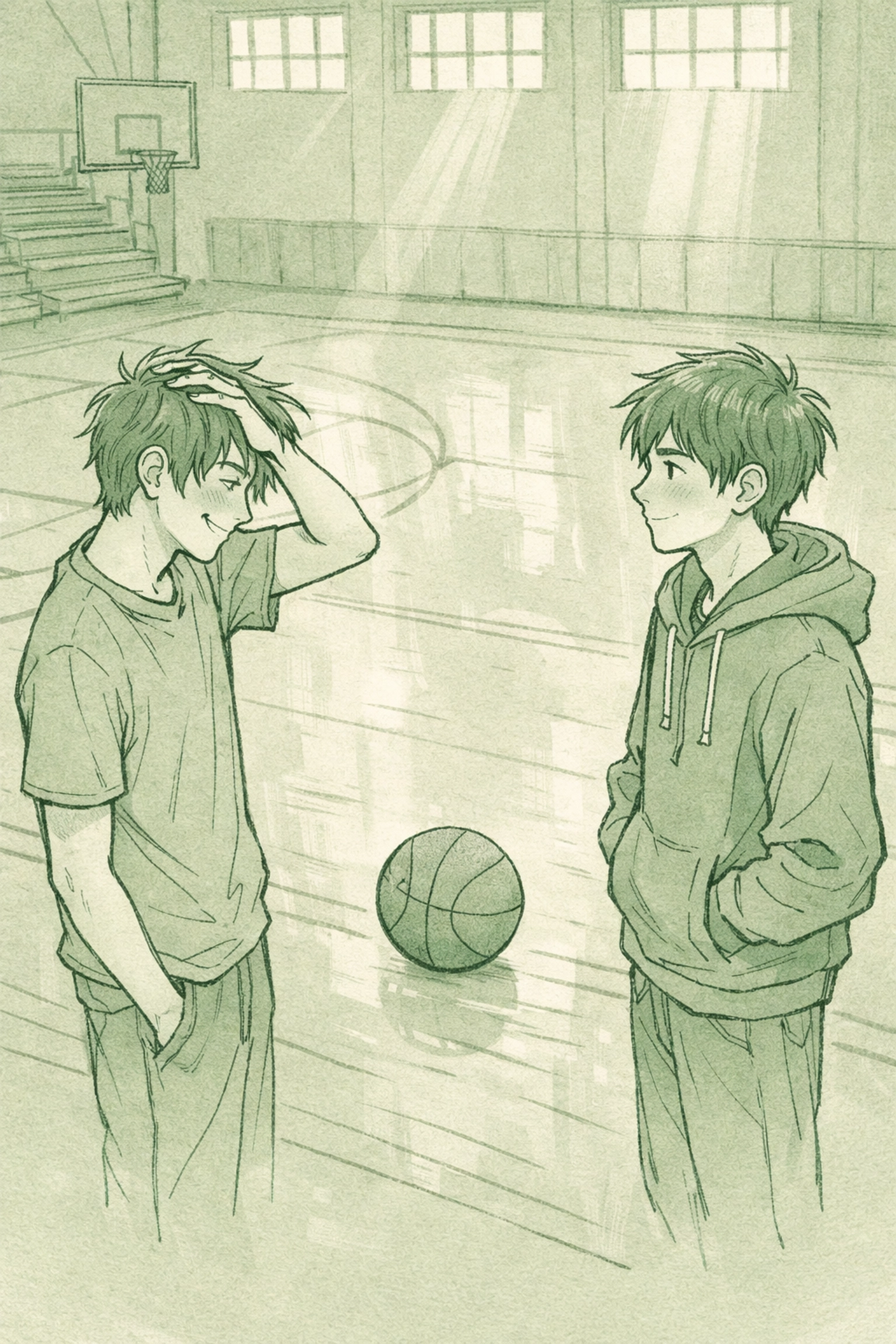 Gay teens confessing feelings to each other in empty school gymnasium