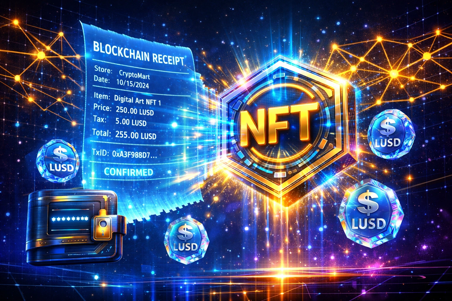 NFT receipt with LUSD stablecoin and self-custody wallet for crypto merchant accounting
