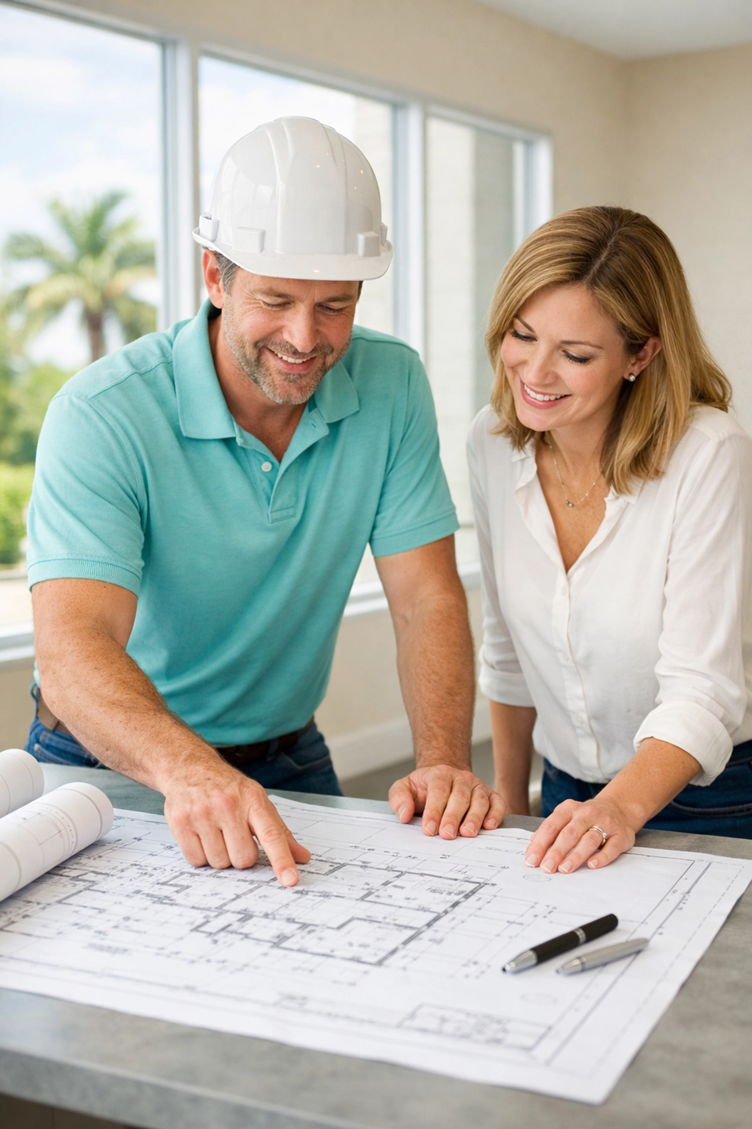 General contractor South Florida reviewing blueprints for a commercial construction project in a bright office.