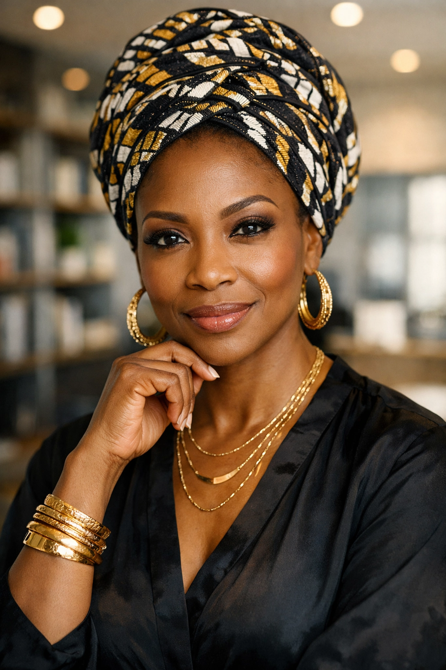 A visionary holistic life coach with deep wisdom standing in a bright, modern professional workspace.