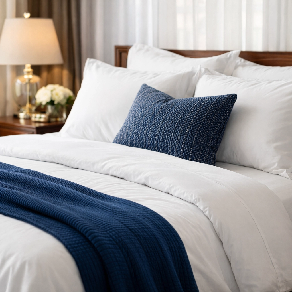 A perfectly made bed in a serene Wellesley bedroom, showcasing detailed weekly house cleaning services.