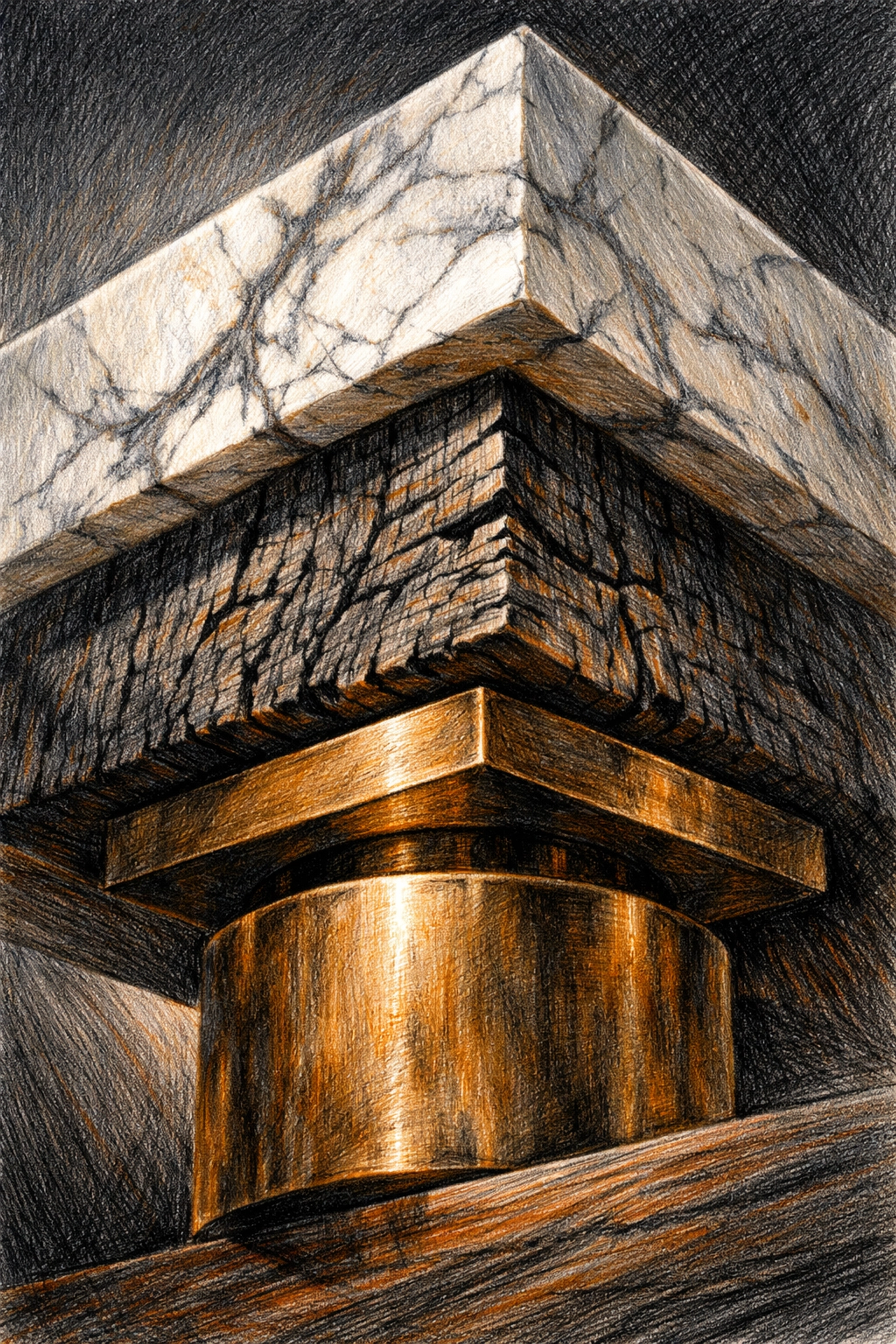 Veined marble, wood, and bronze materials illustrating sustainable hotel architecture and timeless luxury design.