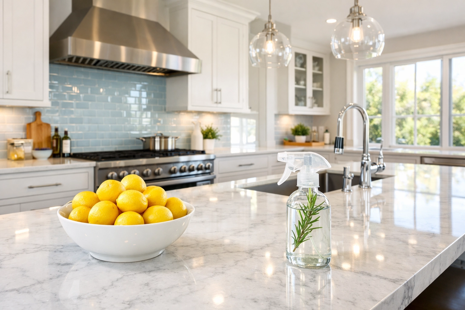 Pristine Wayland kitchen featuring eco-friendly cleaning products and marble countertops.