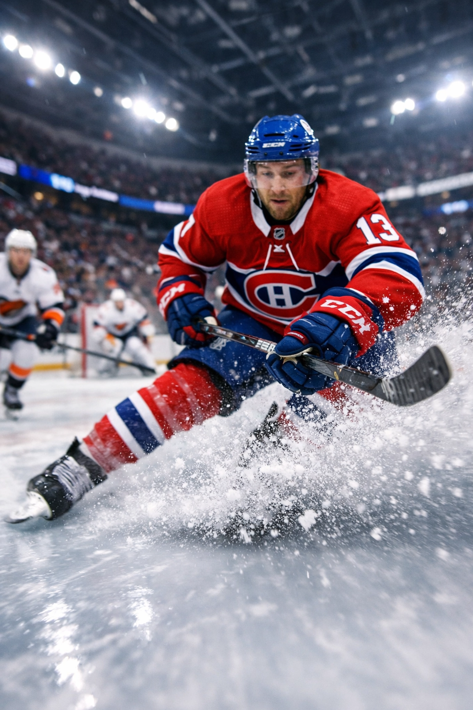 Action shot of a hockey player in a red jersey skating on ice during a Montreal Canadiens game.