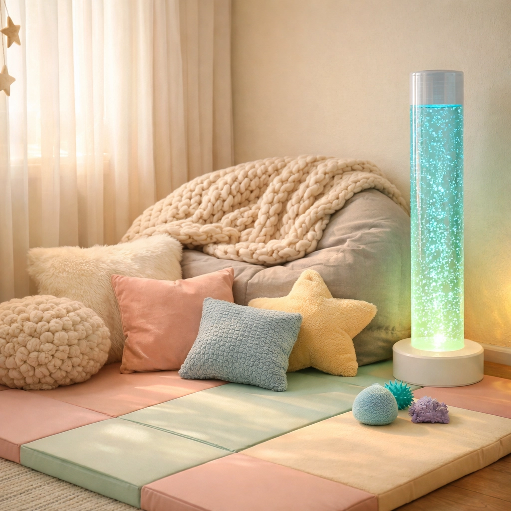 A cozy sensory-friendly quiet zone for kids with disabilities featuring soft mats and a glowing bubble lamp.