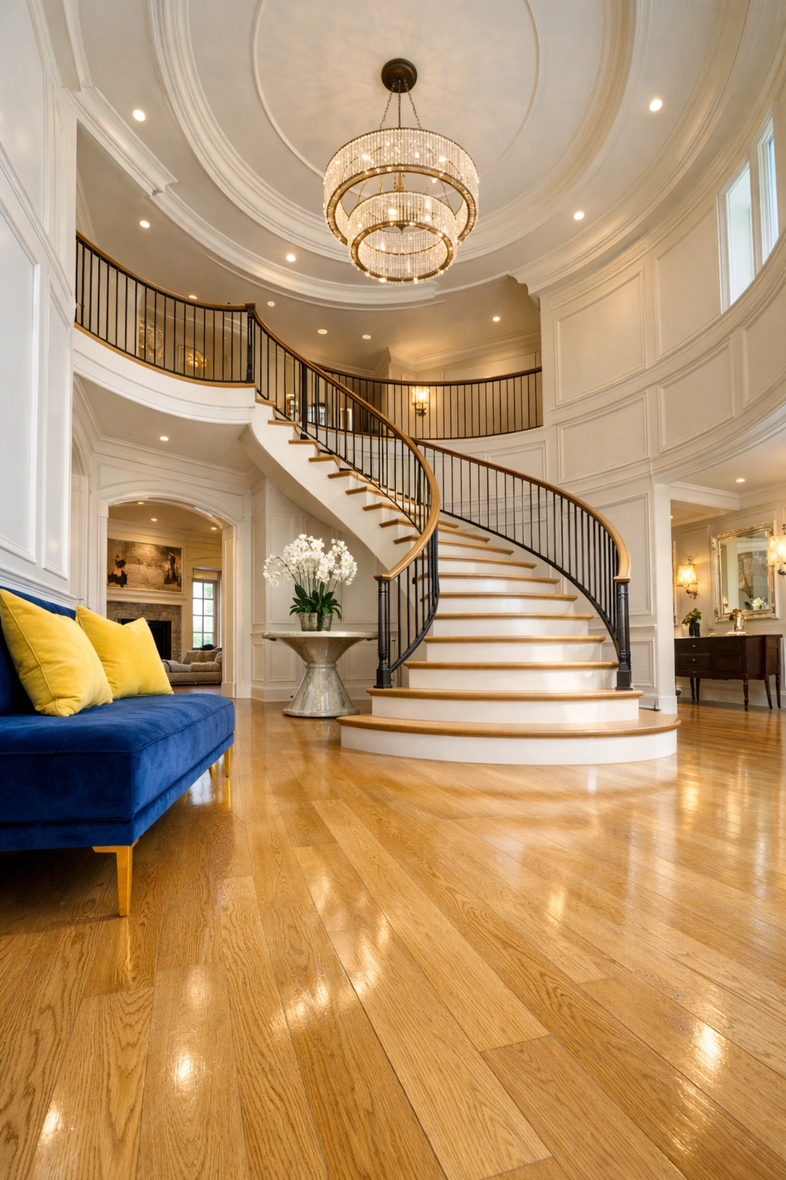 Spotless grand foyer with a spiral staircase, showcasing expert residential cleaning Massachusetts for Dover estates.
