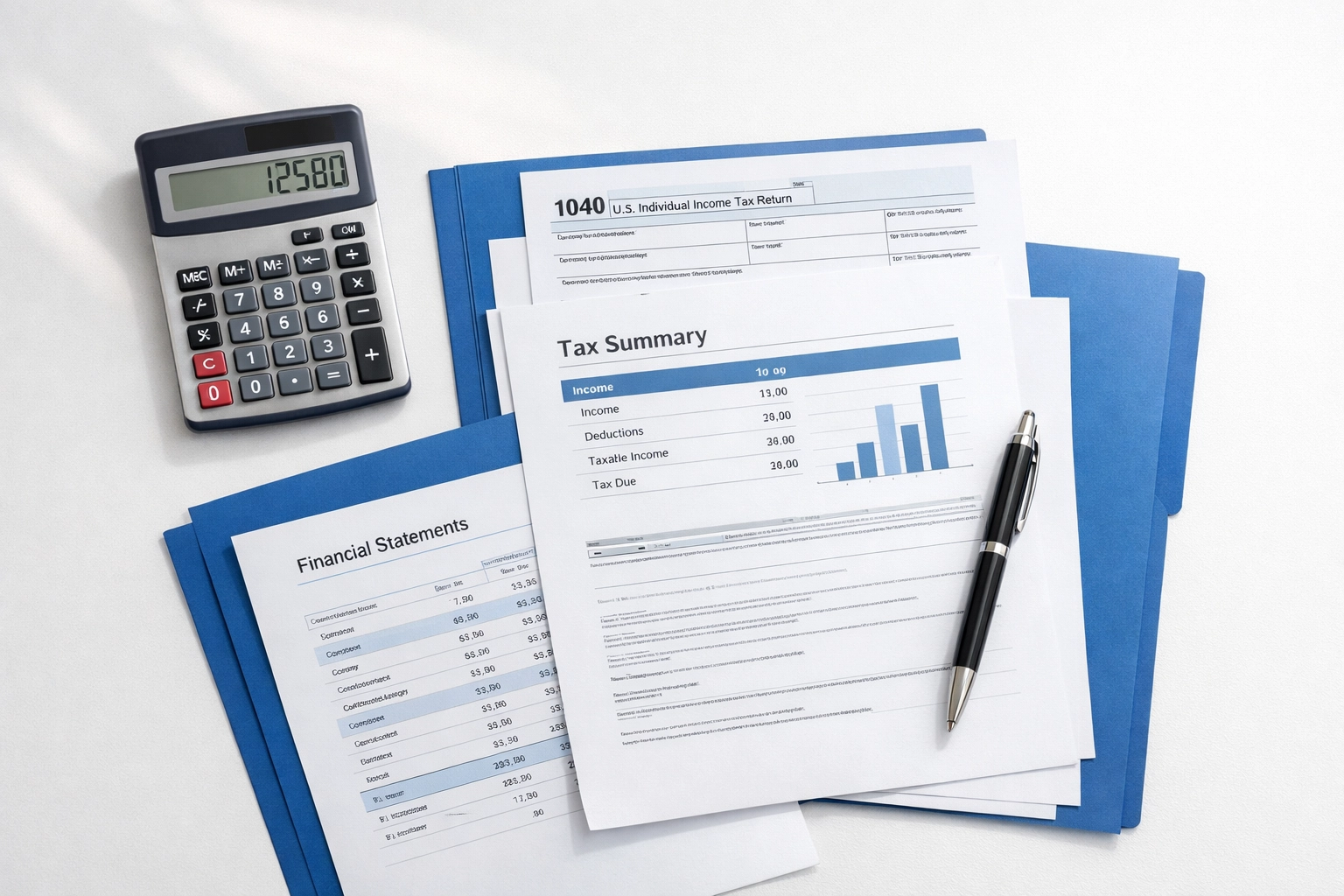 Tax preparation documents and calculator showing service bureau costs