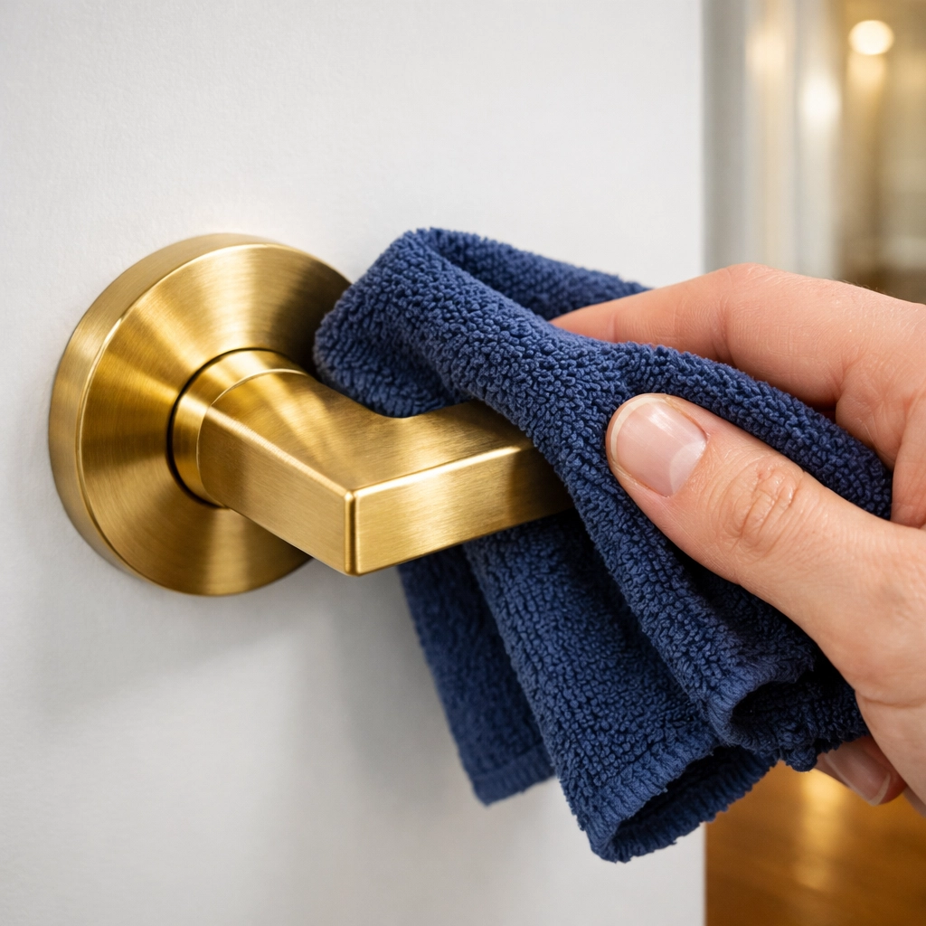 Cleaning a high-touch door handle to sanitize a home during a weekly house cleaning in Westford.
