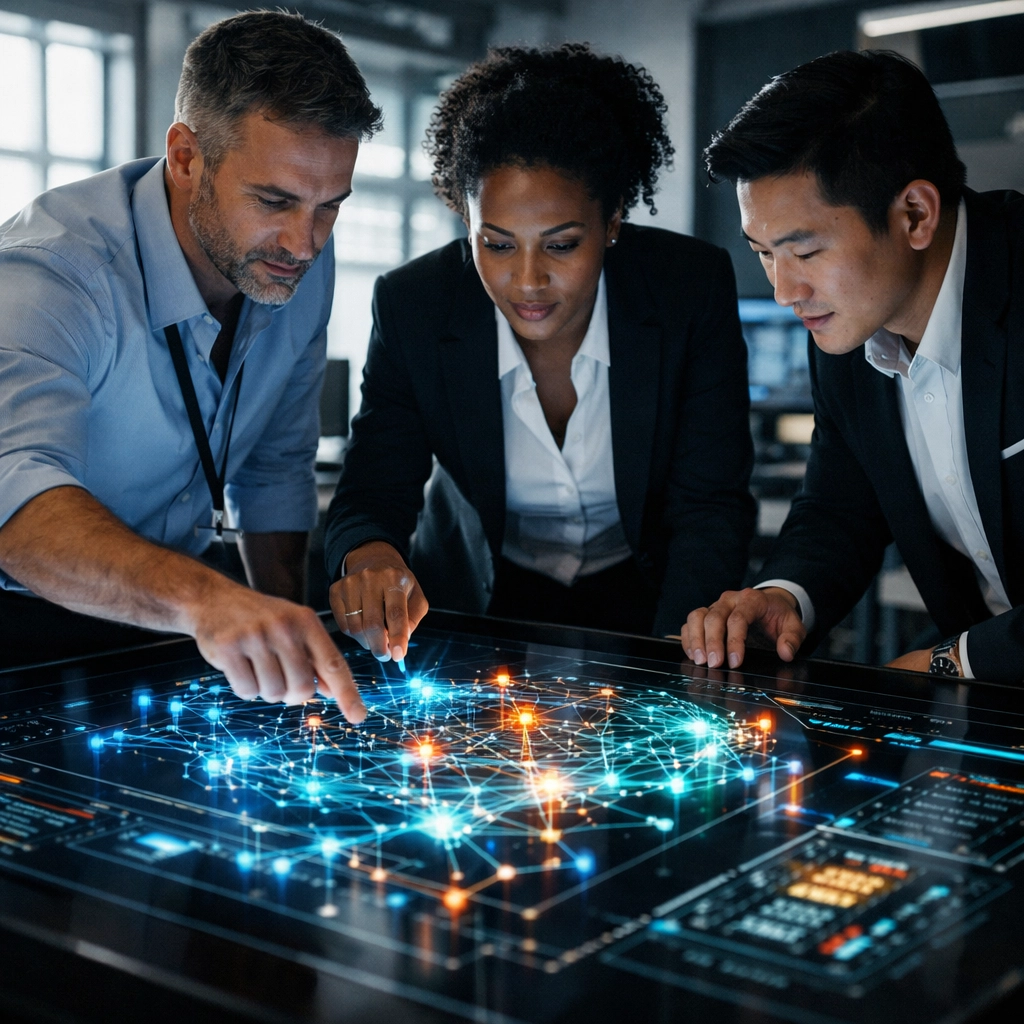 A diverse team engages in collaborative problem-solving around a high-tech data visualization table.