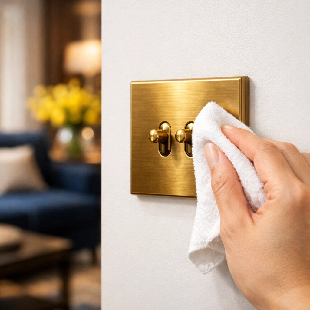 Wiping a brass light switch with a cloth to disinfect high-touch areas during house cleaning in Groton.