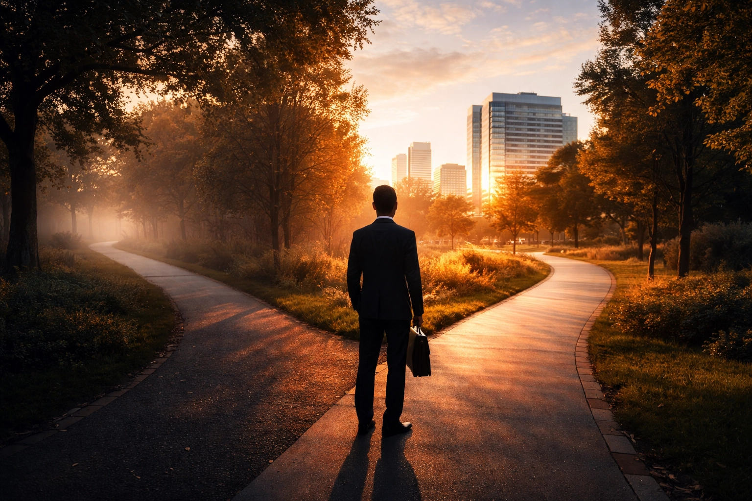Professional at crossroads in Adelaide park, symbolizing future after divorce with performance coaching support