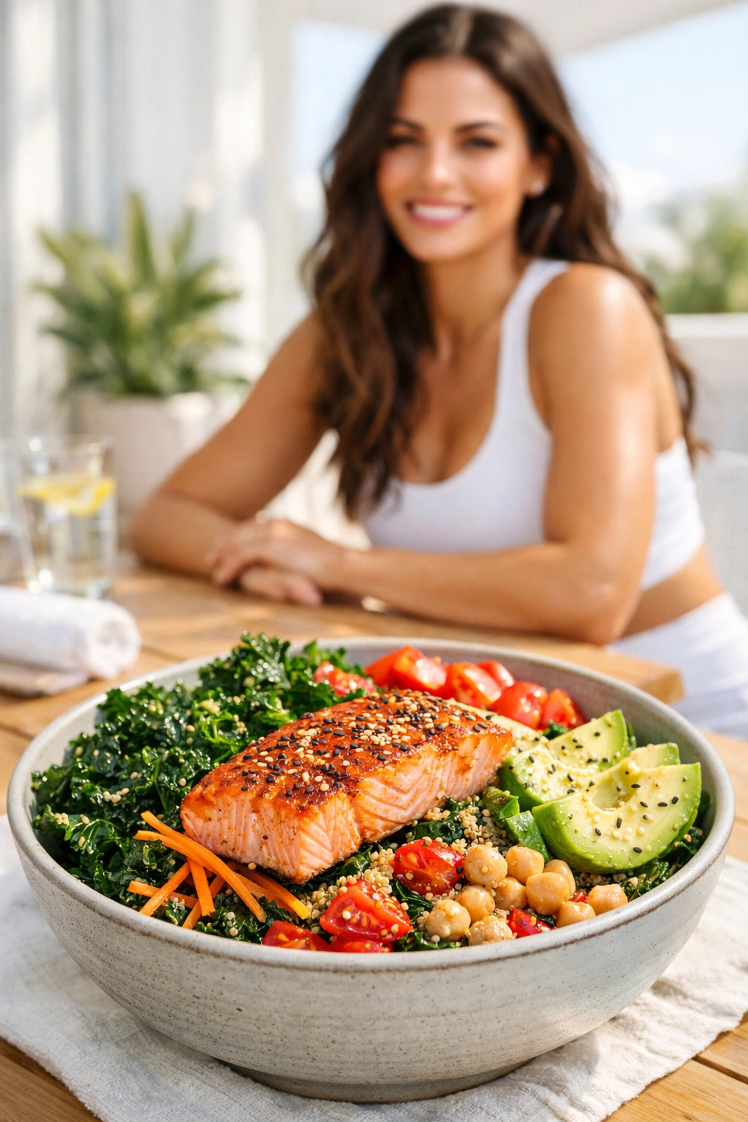 Brain-boosting salmon and kale salad, a healthy meal choice recommended by a weight loss coach California.